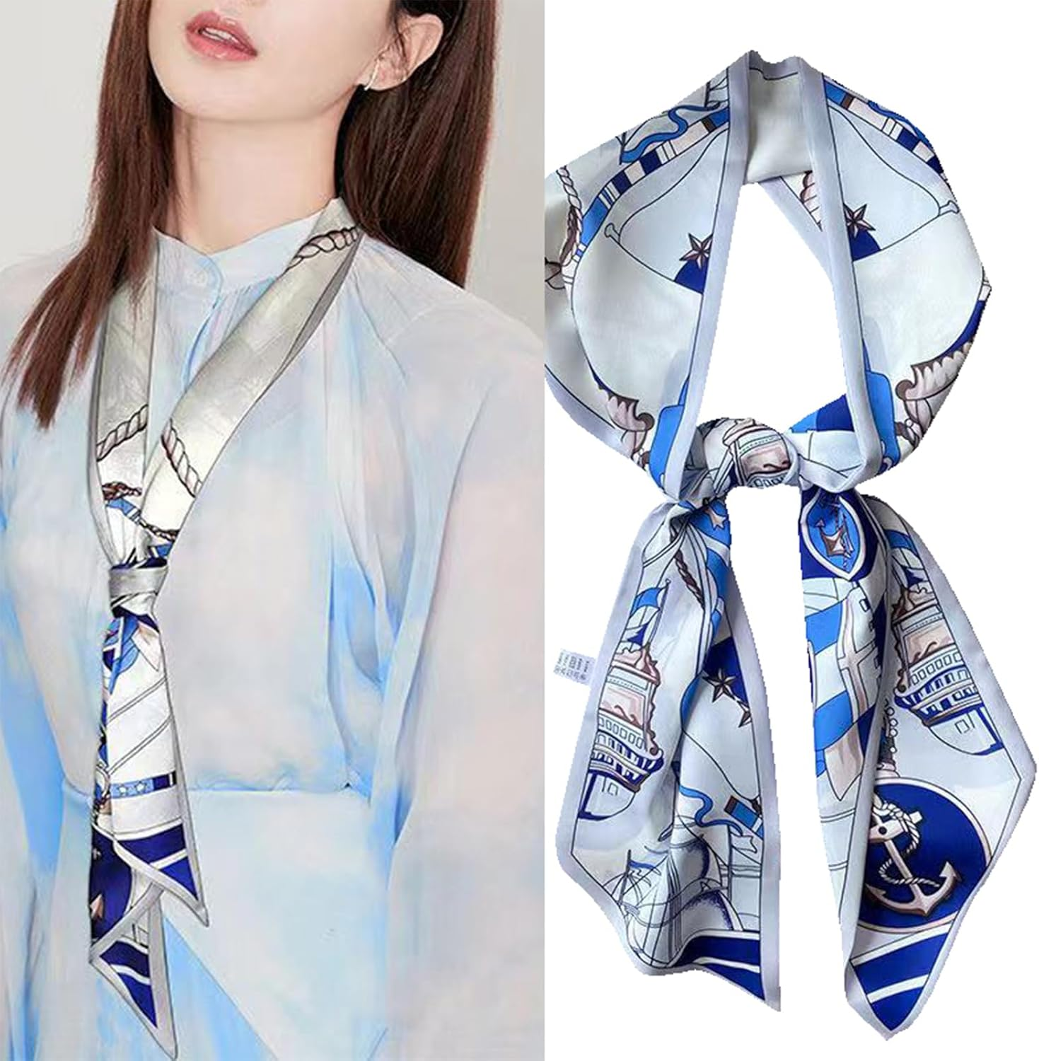 59" Long Silk Head Scarf for Women Neck Scarf Belt Satin Scarf for Hair Lightweight Purse Scarf - Black Pattern image number 4