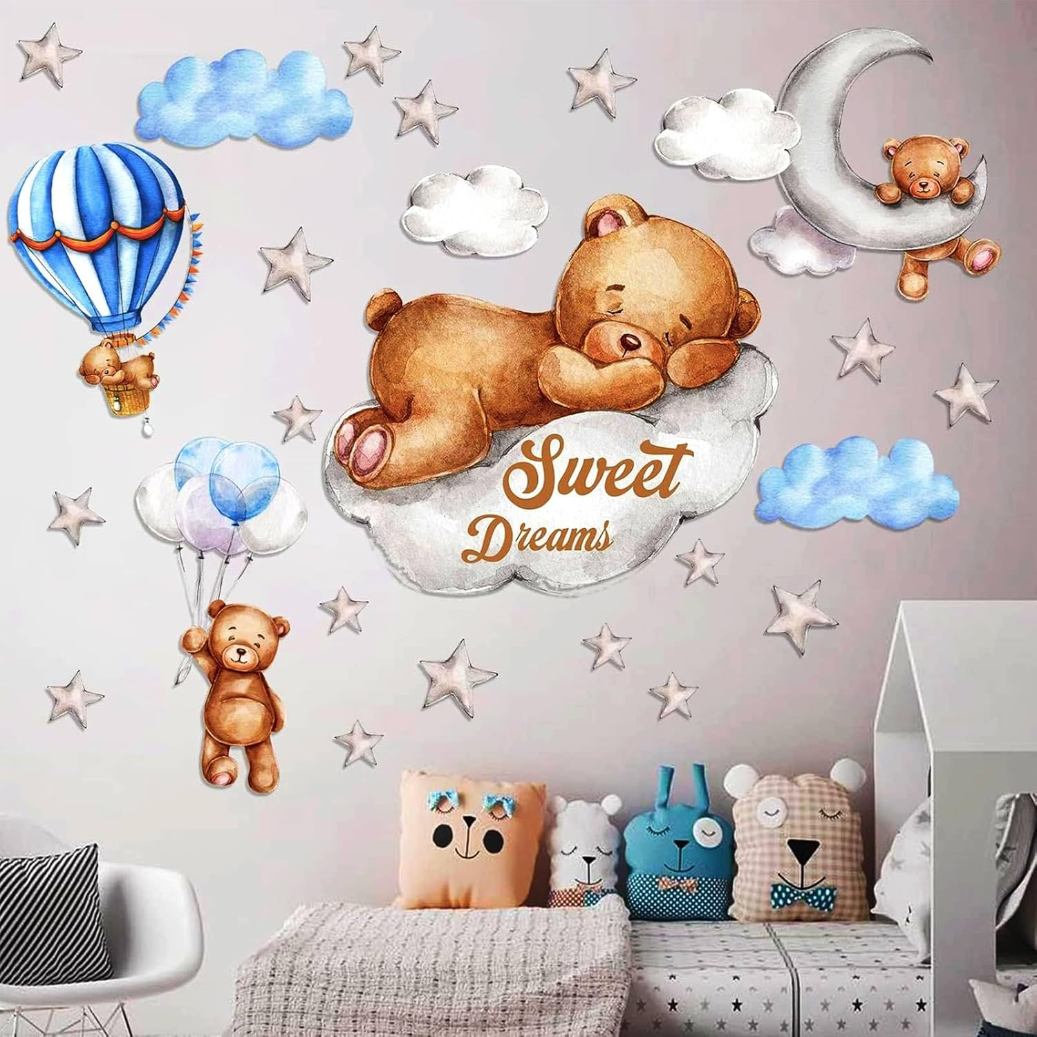 POILKMNI Tedy Bear Sleeping on the Moon and Stars Wall Stickers for Kids Baby Room Decor Sweet Dream Hot Air Balloon Star Nursery Shower Interior Kid Bedroom Playroom Decals (Pink)