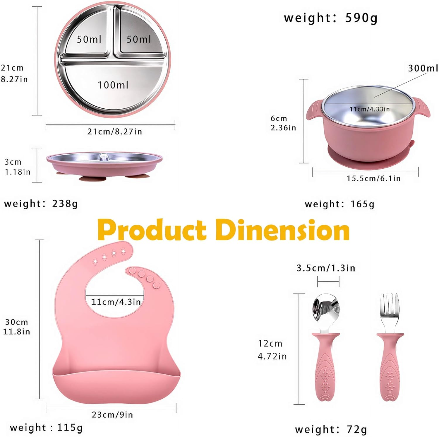 Stainless Steel Plate Kids Cutlery Set with Fork Spoon Bowl Bibs and Removable Silicone Suction Base (Pink) image number 5