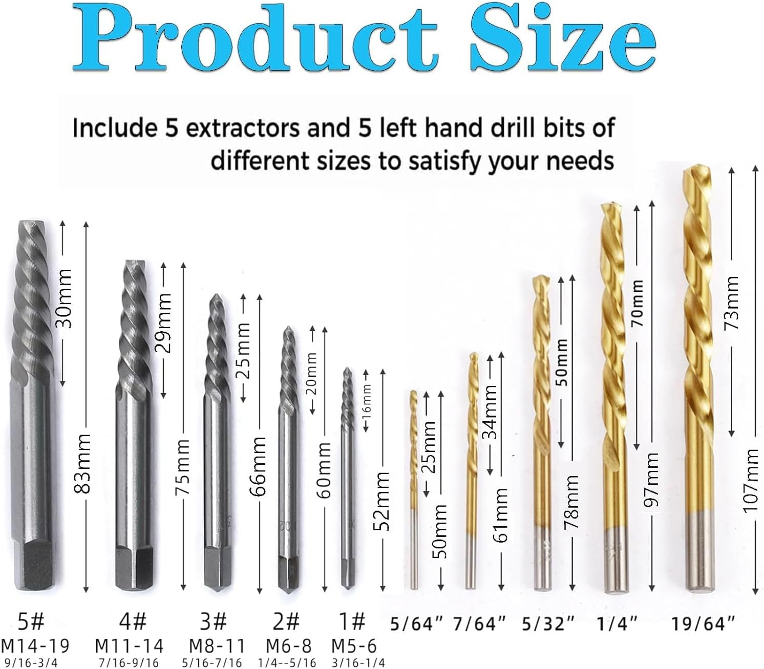 YUENTOEN 10 Piece Screw Extractor Kit, Cobalt HSS Left Hand Drill Bits Set, Ez Out Stripped Screw Set for Removing Broken Bolt and Rounded Nut image number 6