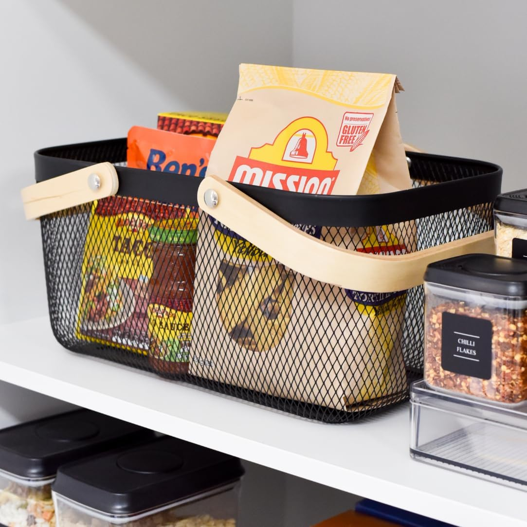 Blissful Little Home Mesh Storage Basket Set of 6 &ndash; Metal Wire Organiser Bins with Handles, Durable Powder-Coated Black Baskets for Pantry, Kitchen, Laundry and Home Organisation image number 1