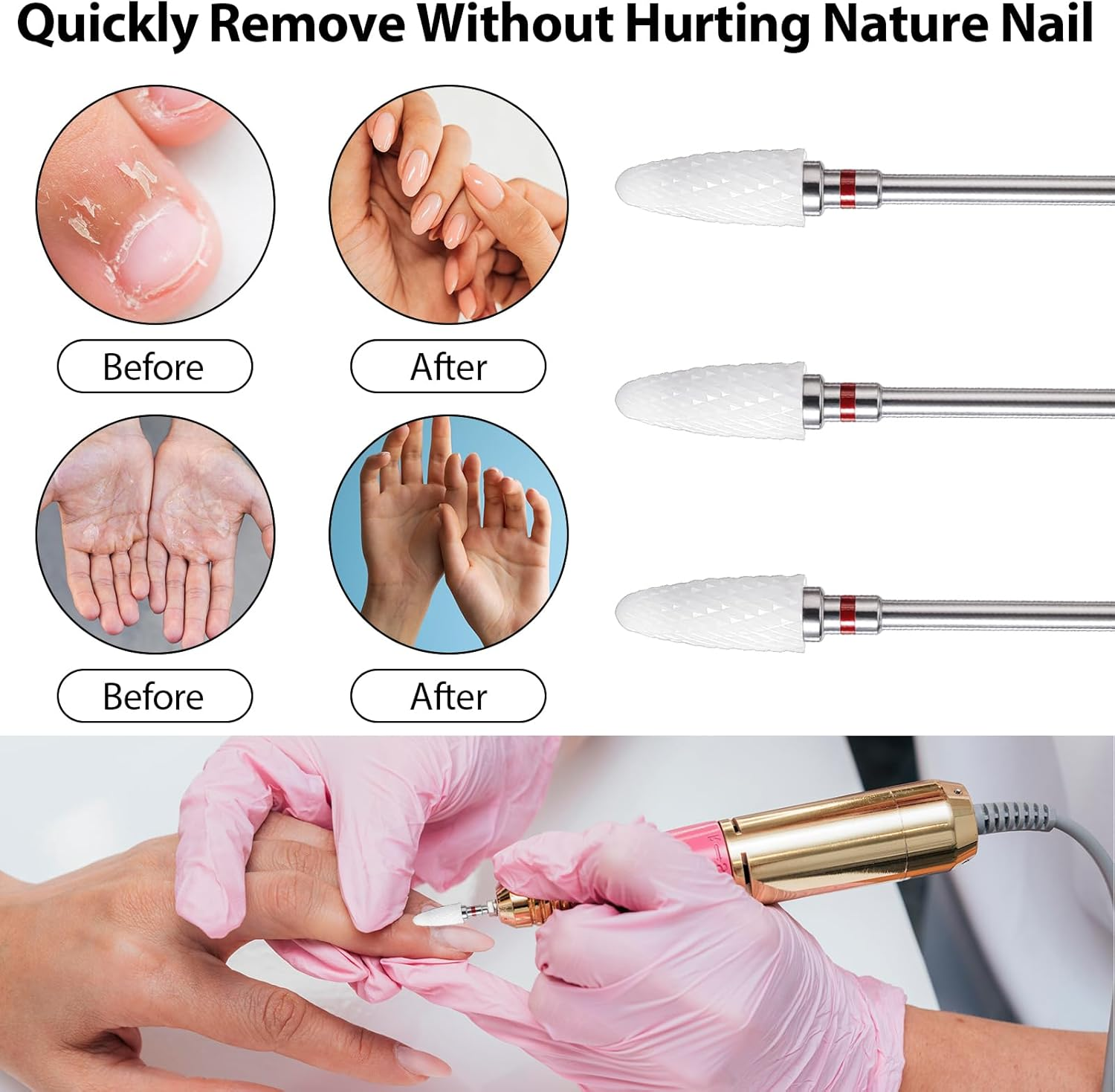 Heclia Set of 3 Nail Drill Bits Cutter Bit for Gel Nails Ceramic Nail Drill Set in Corn Shape 3/32 Inch Carbide Removal Tool Tungsten Professional Cone Nail File Quick Cuticle Cleaner