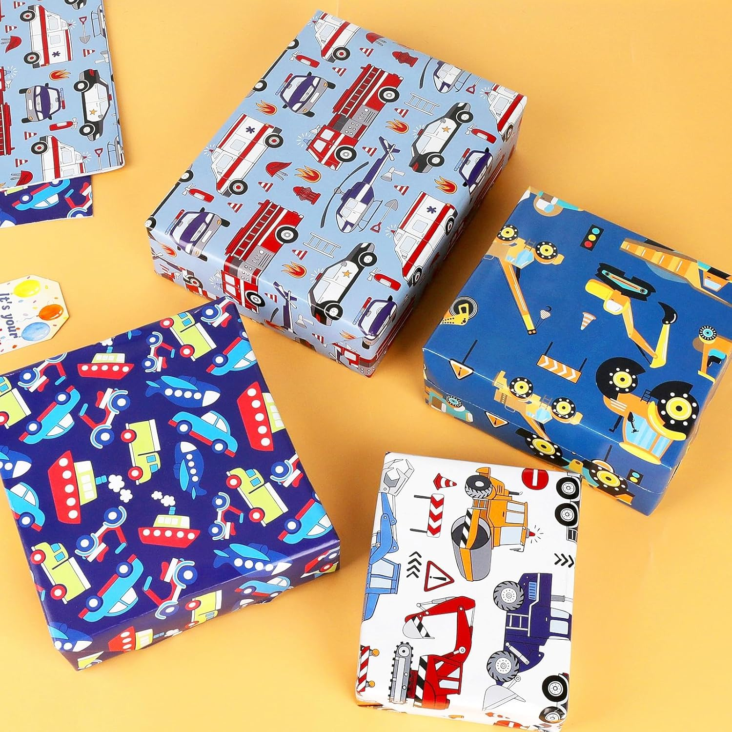 ZCOINS 4 Sheets 70 X 50CM Vehicle Wrapping Paper for Kids Mens Police Car Ambulance Fire Truck and Helicopter Emergency City Rescue Theme Transport Gift Paper Bulk for Birthday Party DIY Crafts Supply image number 2