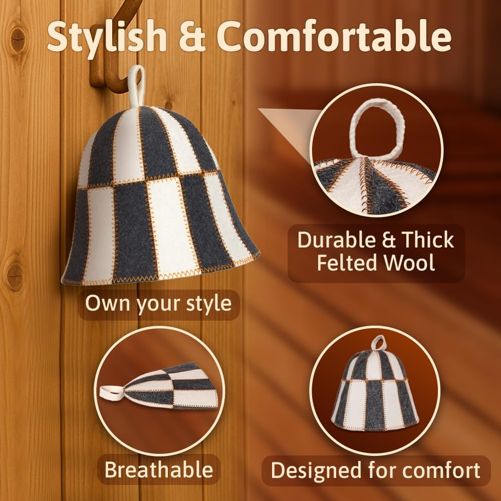 ASKOLD Wool Sauna Hat Checkered - Banya Hat for Men and Women, Sauna Cap in Grey and White image number 5