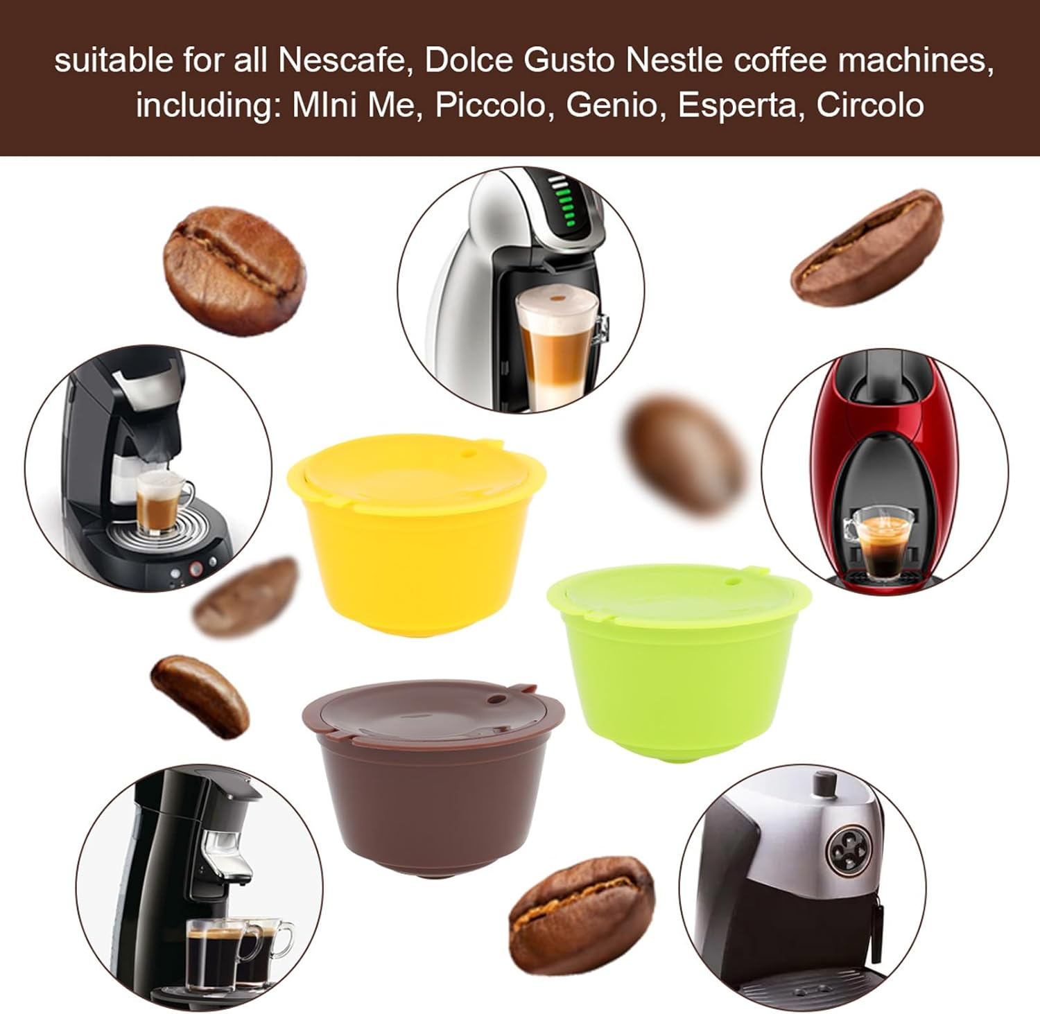 Reusable Coffee Capsule Filters 3Pcs, Colorful Coffee Filters for Nescafe Dolce Gusto Brewers Machine, Reusable Refillable Coffee Pods Capsule Filter Cups Kit with Cleaning Brush and Measuring Spoon image number 1