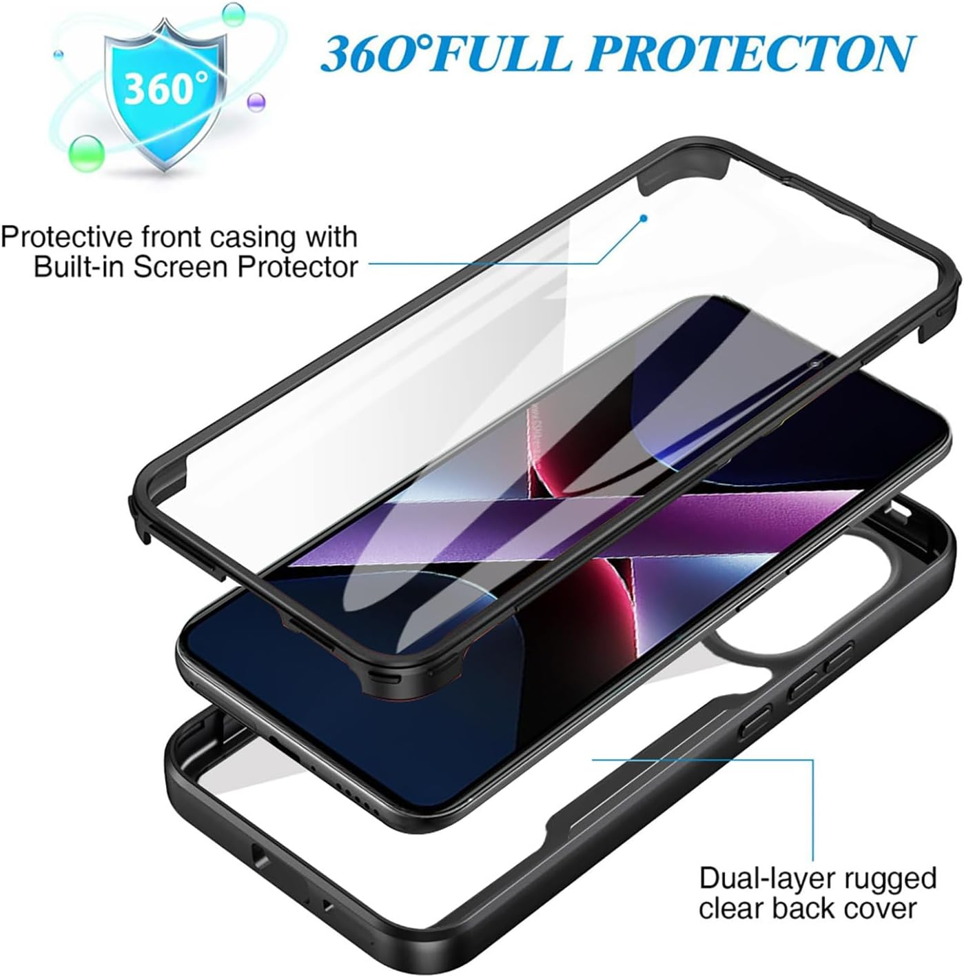 ILING Transparent Case for Xiaomi Poco X7 Pro 5G, 360 Degree Full Body Shockproof Protective Case with Built-In Screen Protector, Ultra Thin Hard PC Silicone TPU Mobile Phone Case (Black) - Blue image number 4