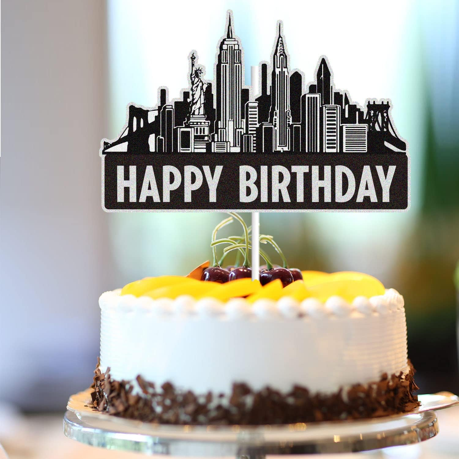 New York City Cake Toppers Black Glitter NYC Cityscape Bday Party Cake Decor Scenic Building Images Lighted City Backdrop Party Decoration Supplies image number 4