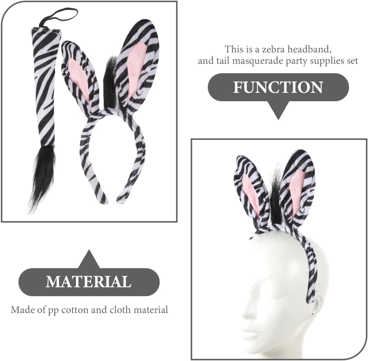 Zebra Costume Accessories Set - Headband, Tail, Hair for Kids Animal Cosplay - Jungle-Themed Parent-Child Clothing Headgear image number 2