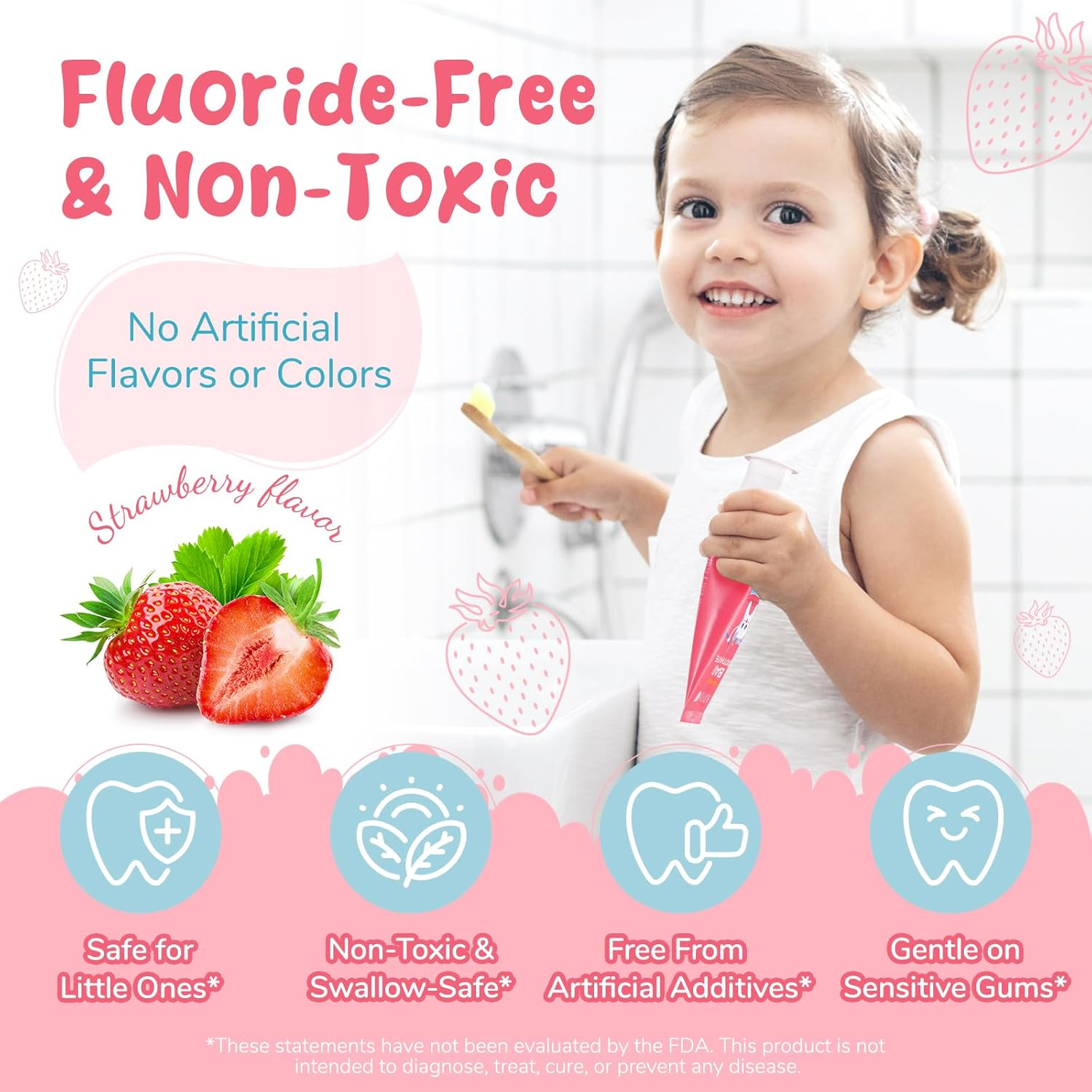 Mild Fruit Flavour Kids Toothpaste 2.1Oz, Fluoride-Free Baby Teethpaste, Natural Children'S Toothpaste, No Artificial Additives, Safe for Ages 2 and up (Strawberry Flavour 60G) image number 5