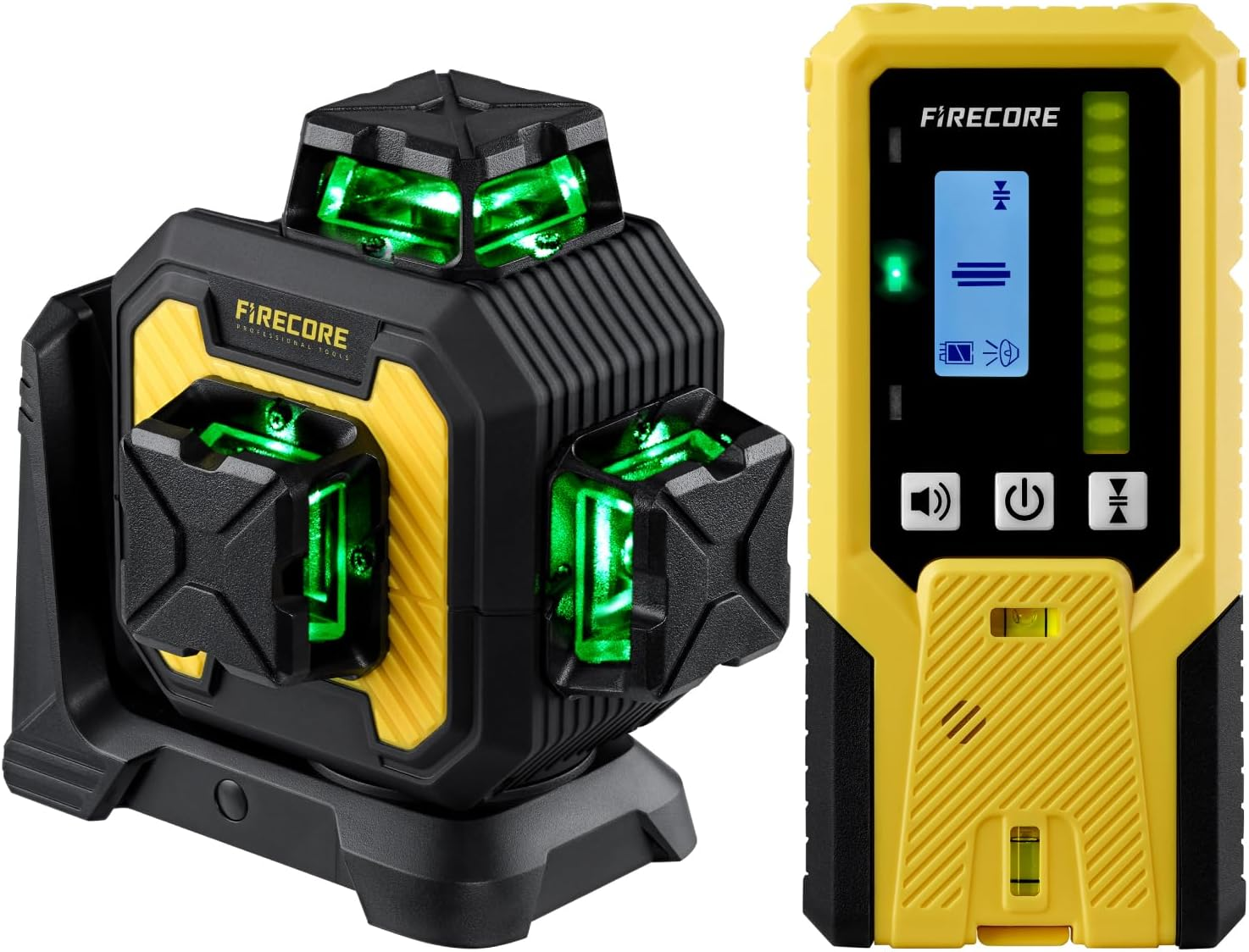 Firecore Laser Level 360 Self Leveling with Receiver, &plusmn;2Mm High Accuracy, Outdoor Pulse Mode to 60M, Green Cross Line Lazer Leveler Tool for Construction, Rod Clamp and Hard Carrying Case Included