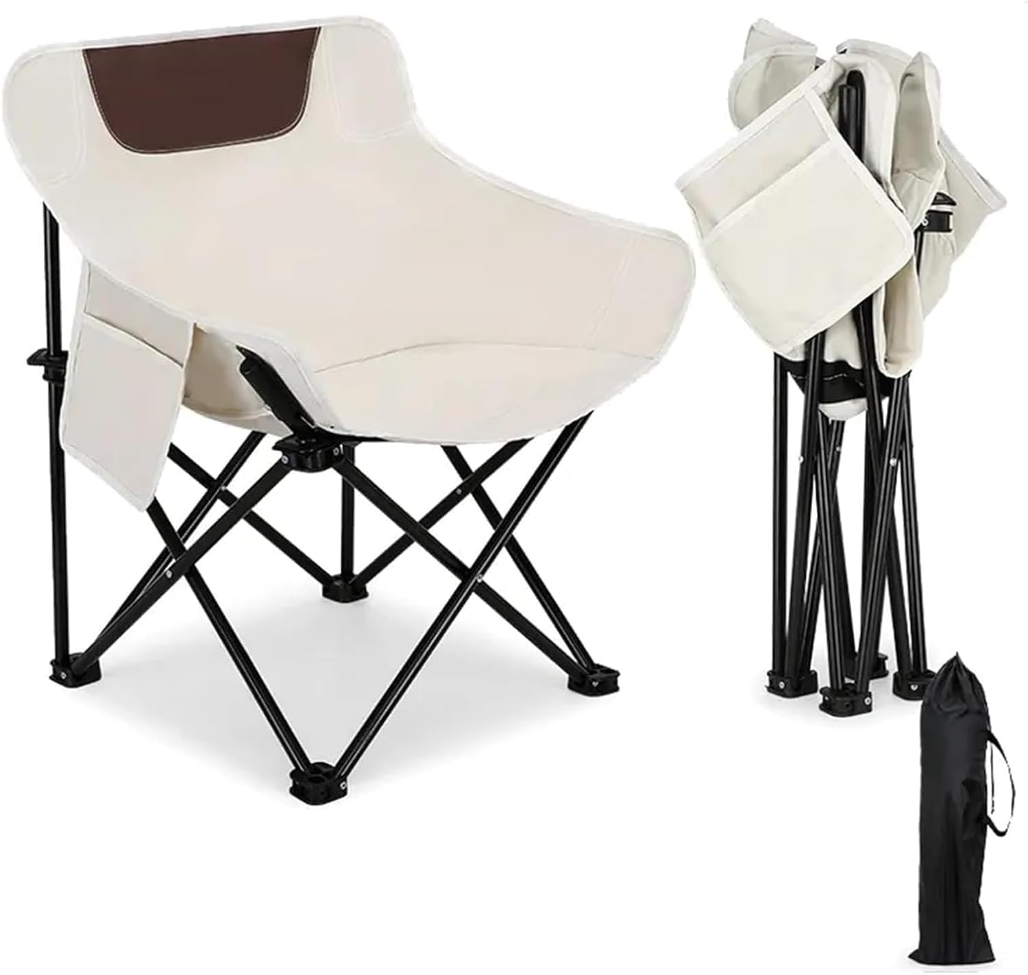 Camping Chair, Portable Folding Outdoor Chairs for Adult with Carry Bag and Side Pockets, Lightweight Folding Moon round Chair and Lawn Chairs for outside Fishing, Hiking, BBQ, Travel, Beach (Black)