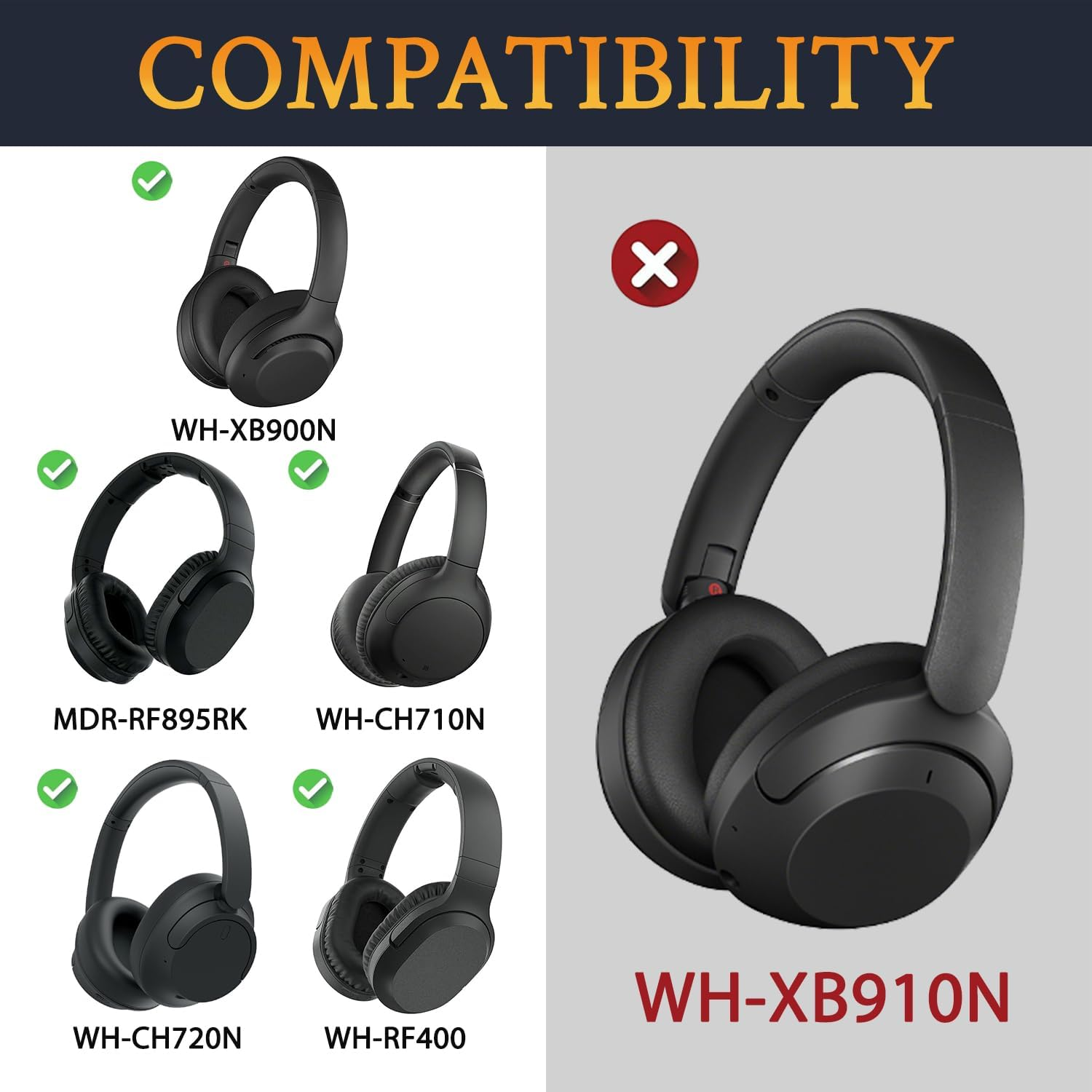 SOULWIT Earpads for Sony WH-XB900N/WH-CH710N/WH-CH720N/WH-RF400/MDR-RF895RK Headphones, Ear Pads Cushions with Soft Protein Leather, High Density Foam - Black image number 5