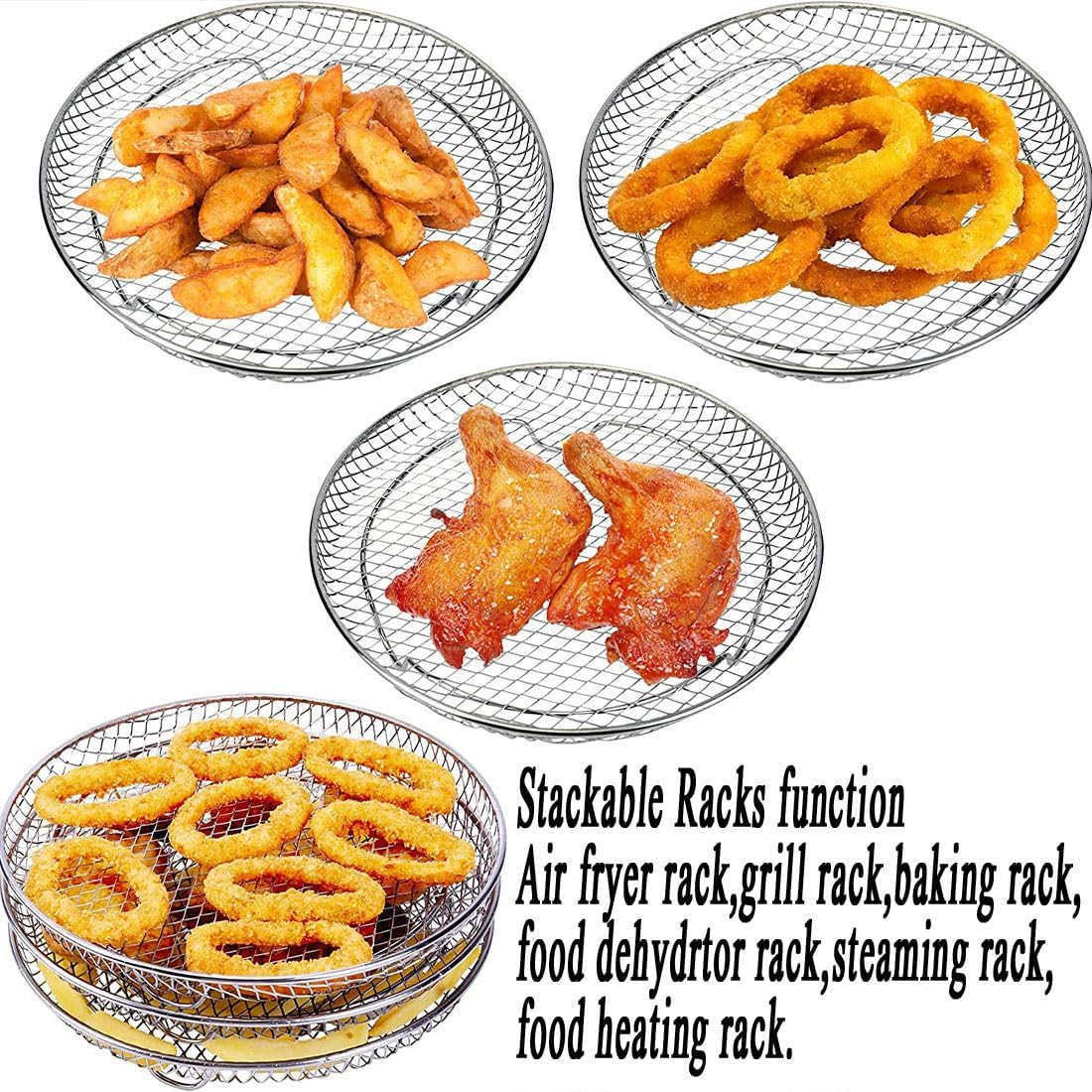 XUTONG 3PCS round Air Fryer Rack,Air Fryer Three Stackable Racks,With Oil Brush,Stainless Steel Air Fryer Accessories,Fit All Air Fryer,Oven,Air Flow Racks(With Brush) image number 5