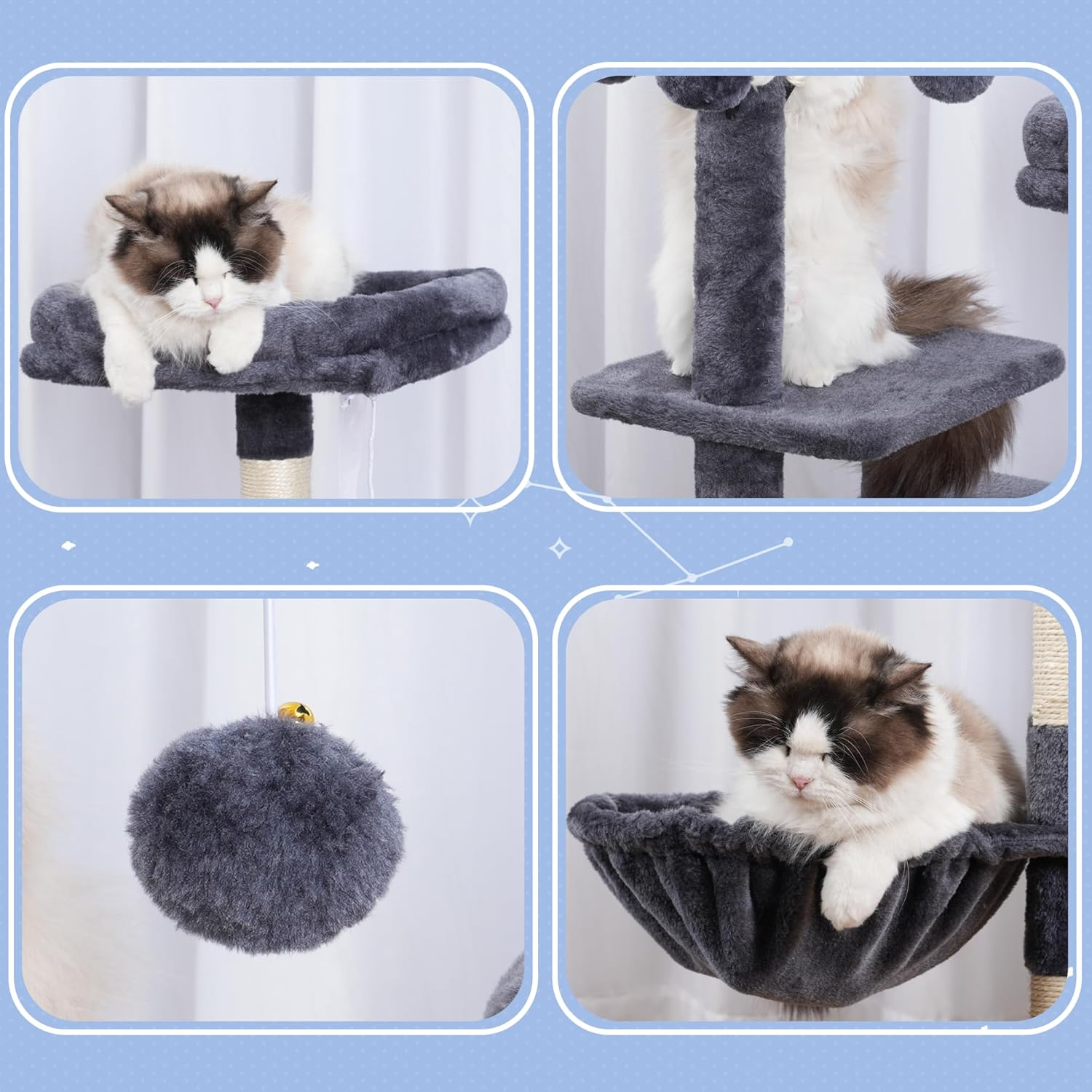 Hey-Brother Cat Tree Tower, Scratching Posts with Removable Toys, Cozy Condo, Platform, Hammock, Sisal Scratch Board and Ball for Indoor Kittens, 105 Cm, Smoky Gray MPJ008SG