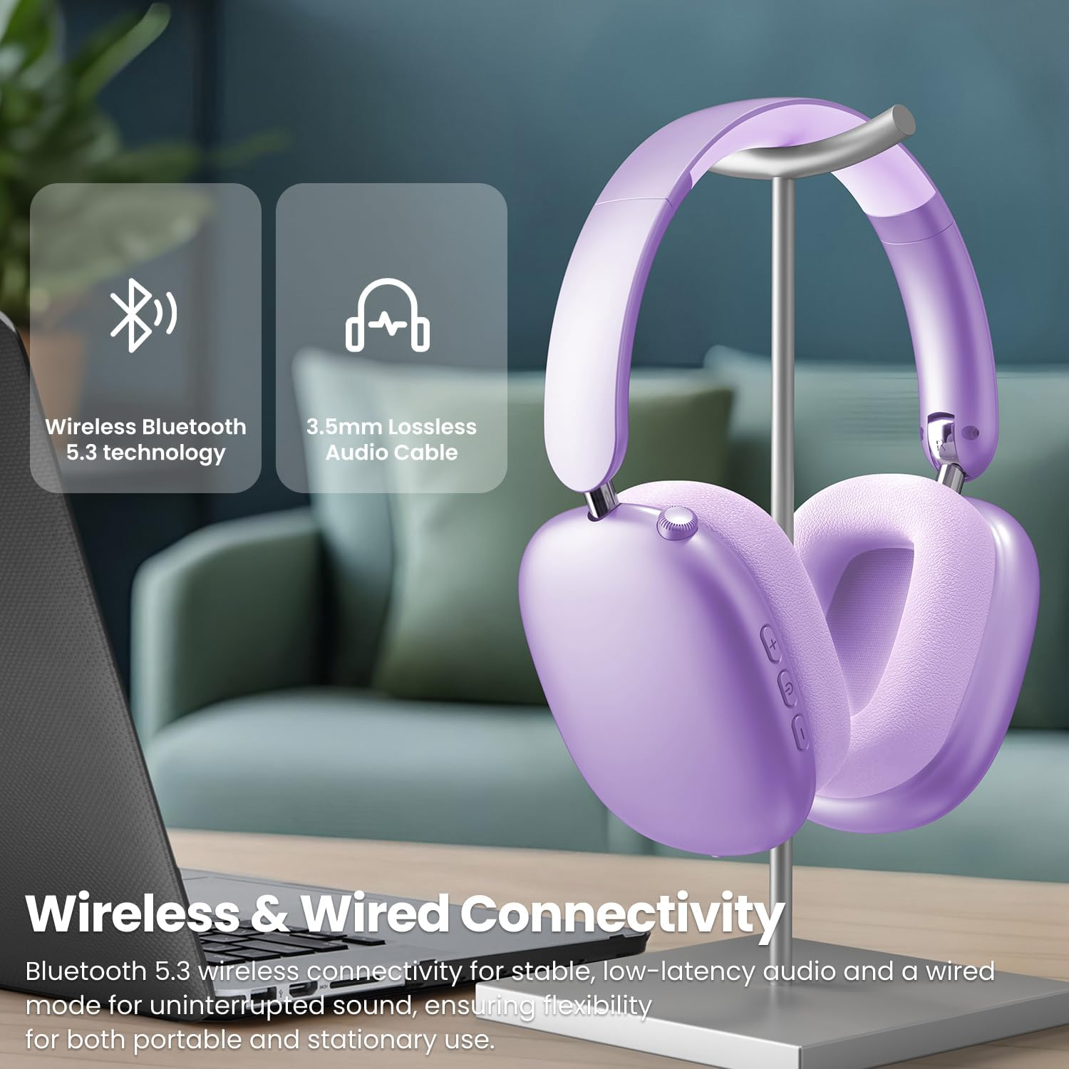 Wentronic Y01 Wireless Noise Canceling Headphones Bluetooth 5.3 over Ear Headphones with Microphone, Hi-Res Audio, 48H Playtime, Foldable Comfortable Earpads,Compatible with Ios,Android,Pc, Purple image number 5