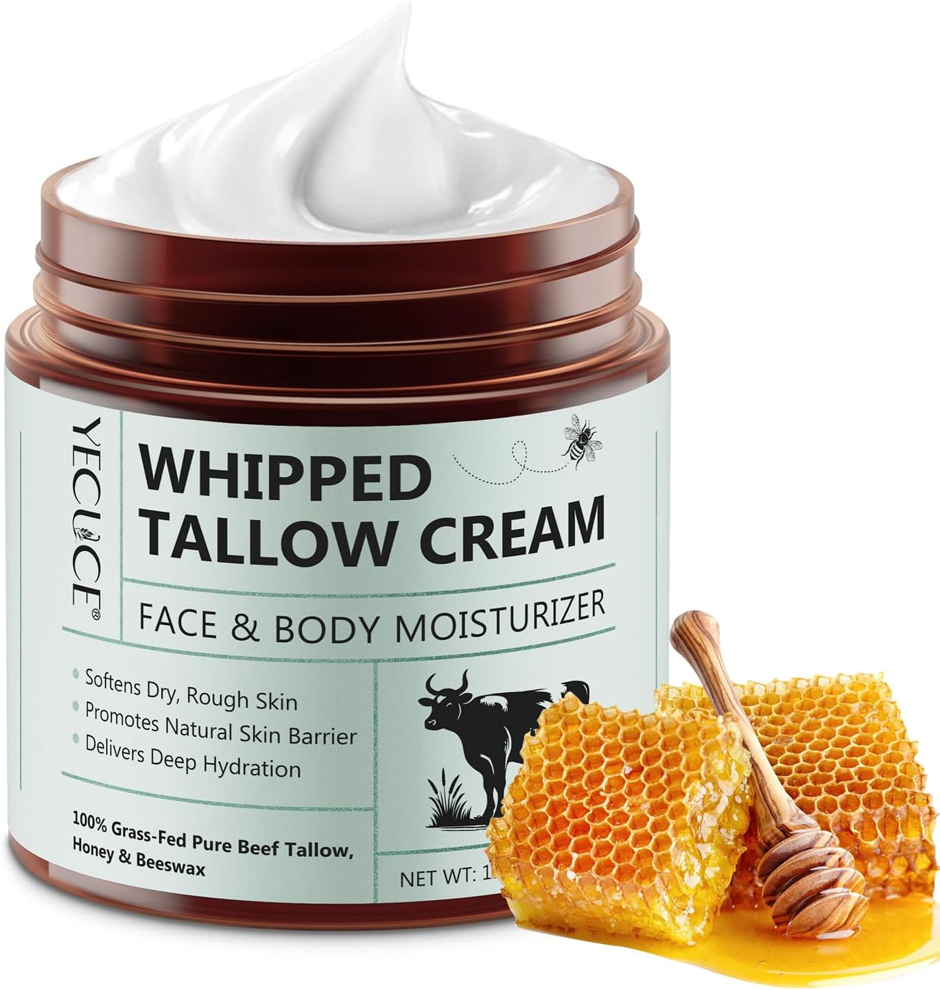 Beef Tallow for Skin, Tallow and Honey Cream, Hydrating Beef Tallow Balm, Natural Tallow Face Moisturizer, Deeply Moisturizing for Face & Body Skin Care, 120G