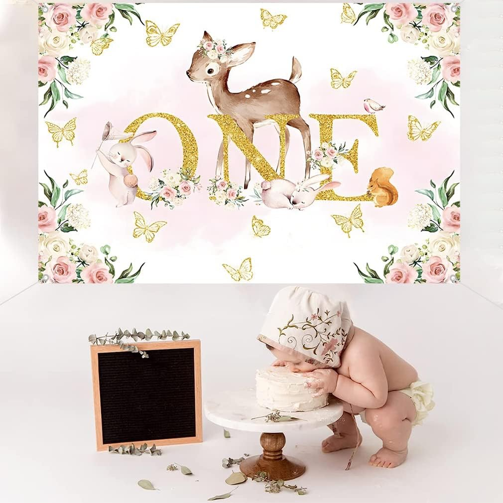 1St Birthday Decorations for Girls Happy 1St Birthday Backdrop Banner Party Happy 1 Year Old Fabric Sign Poster, Floral and Deer Background First Birthday Party Supplies, 150X90Cm image number 1