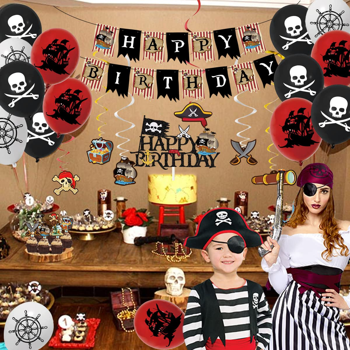 GOGOPARTY Pirate Party Decorations - Happy Birthday Pirate Theme Party Supplies, Balloons Banner Cake Toppers Hanging Swirls Birthday Sets for Adults Kids