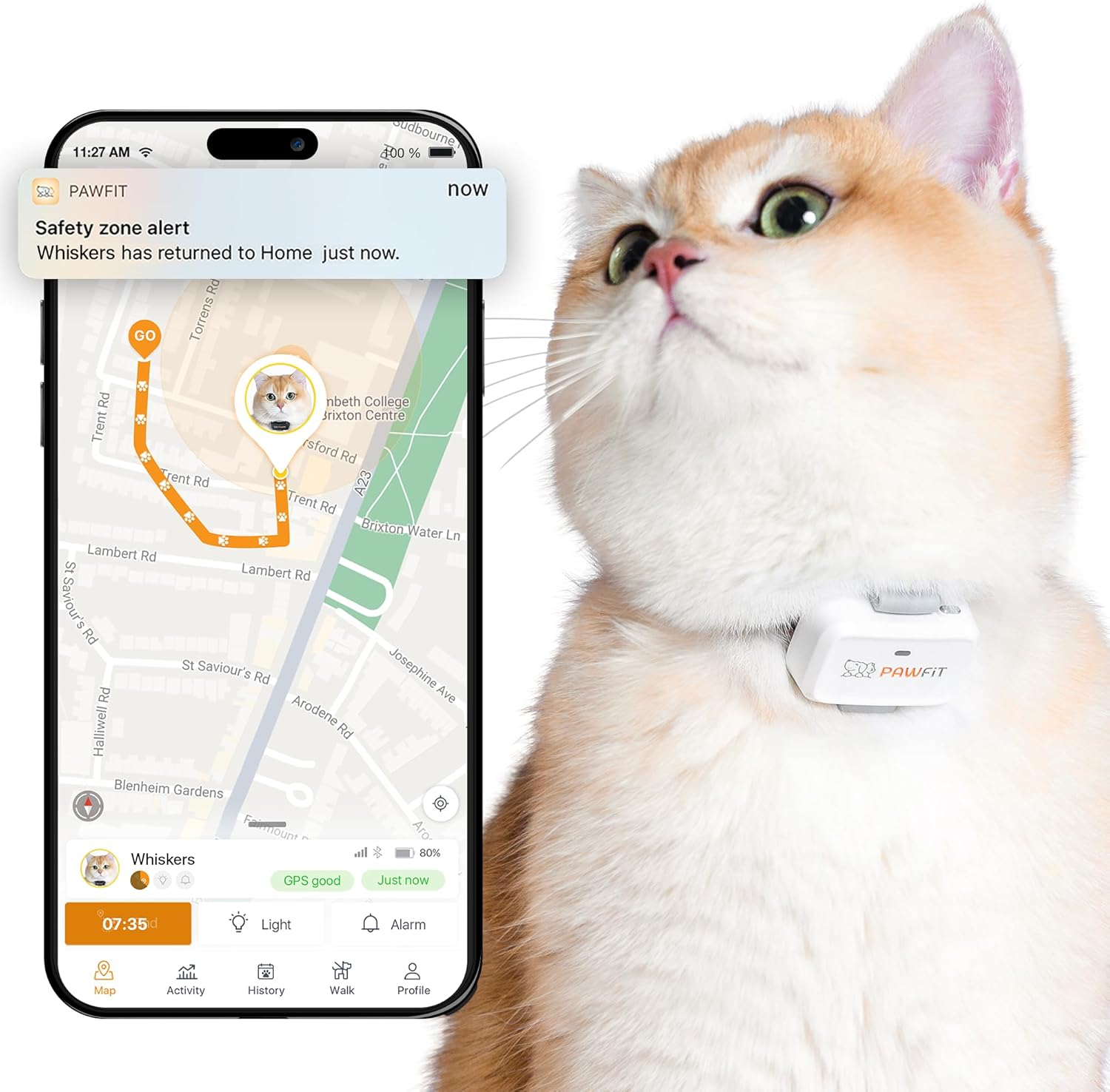 Pawfit Lite for Cats 4G GPS Tracker | Real Time Tracking | Activity Monitoring |Location History | Unlimited Range | Safety Collar Included | Simply White image number 4