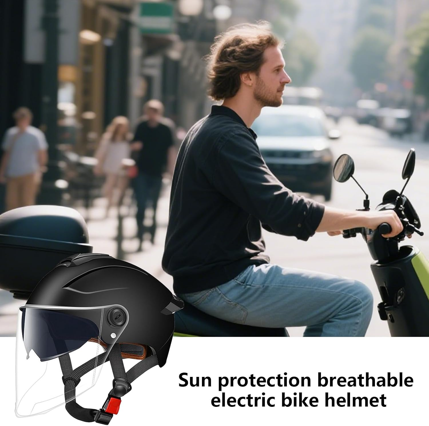 Helmets for Men Women, Adult Electric Scooter Helmet with Windshield, Unisex High Protection Bike Helmet for Electric Bike, Scooter, Skateboard, Motorcycles - Black image number 3