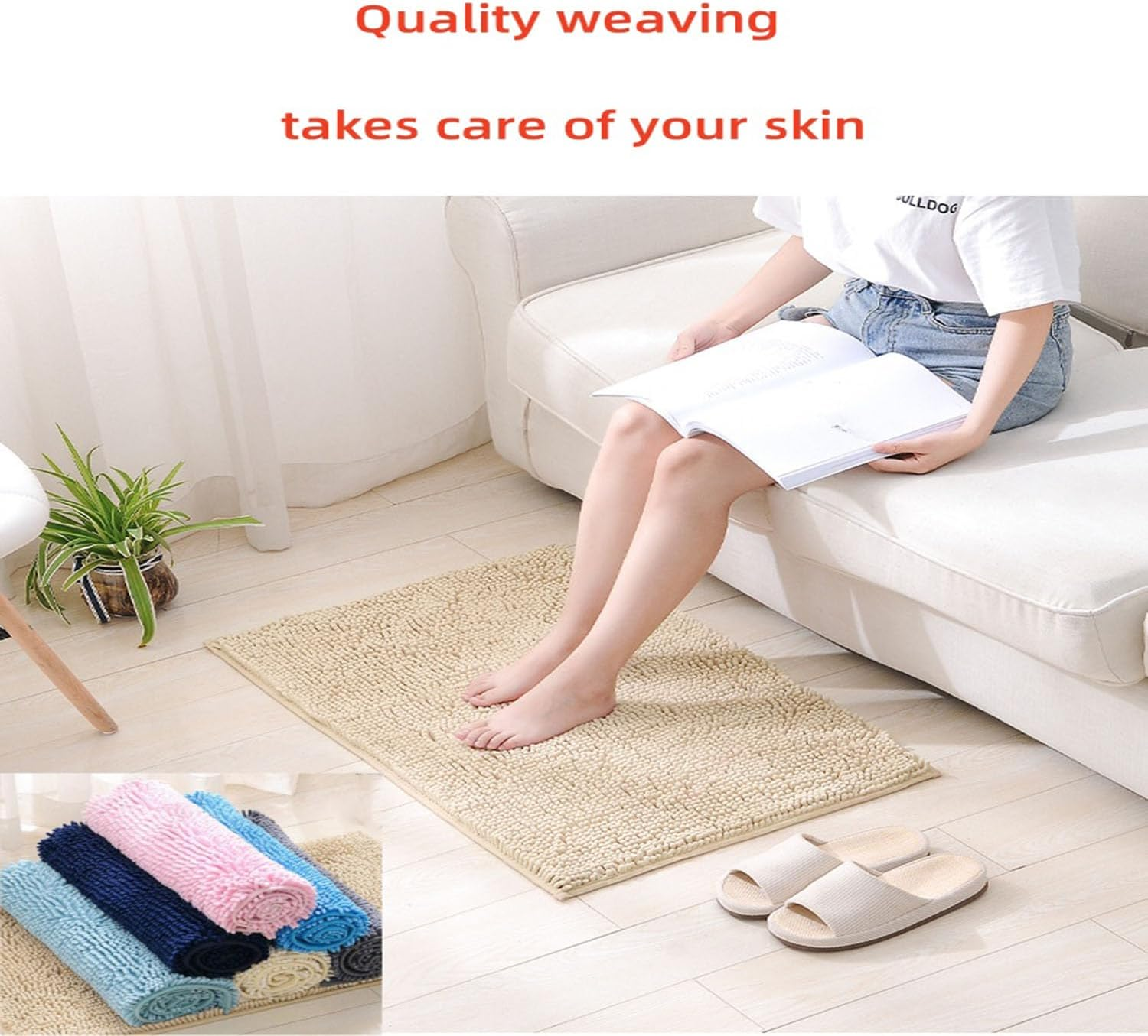 Taicols Bath Mat Set, 2 Pcs Non-Slip Microfiber Shag Bathroom Rug Mat, Chenille Non-Slip Back Bathroom Mat, U Shape Toilet Rug Fleece Softness, Bathroom Carpet, Super Soft Microfiber Bath Rug (Camel) - Gray image number 5