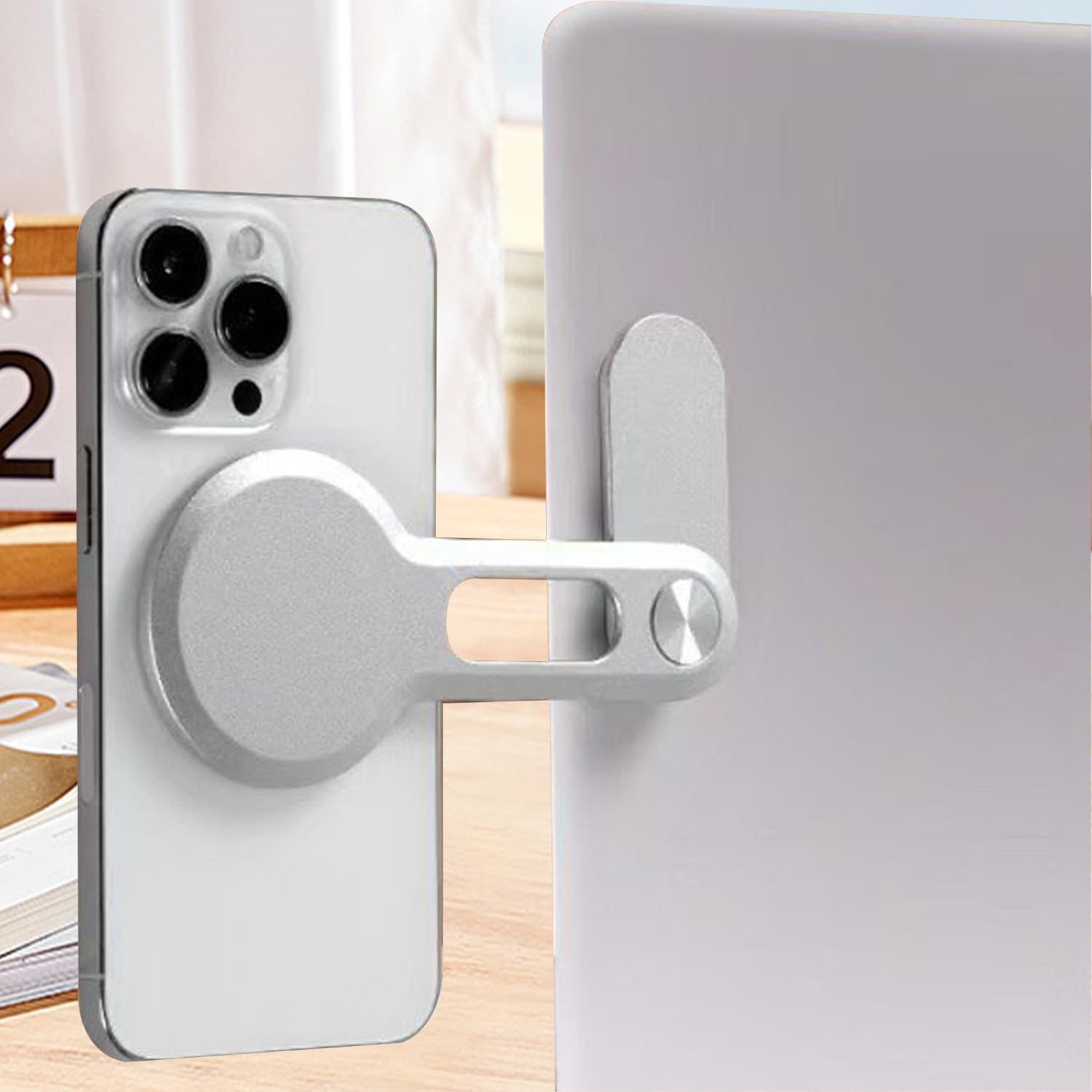 Magnetic Phone Holder for Laptop &ndash; Adjustable Side Mount Compatible with Iphone 16/14/13/12 Magsafe Series, Slim Foldable Monitor Expansion Bracket, Silver image number 4