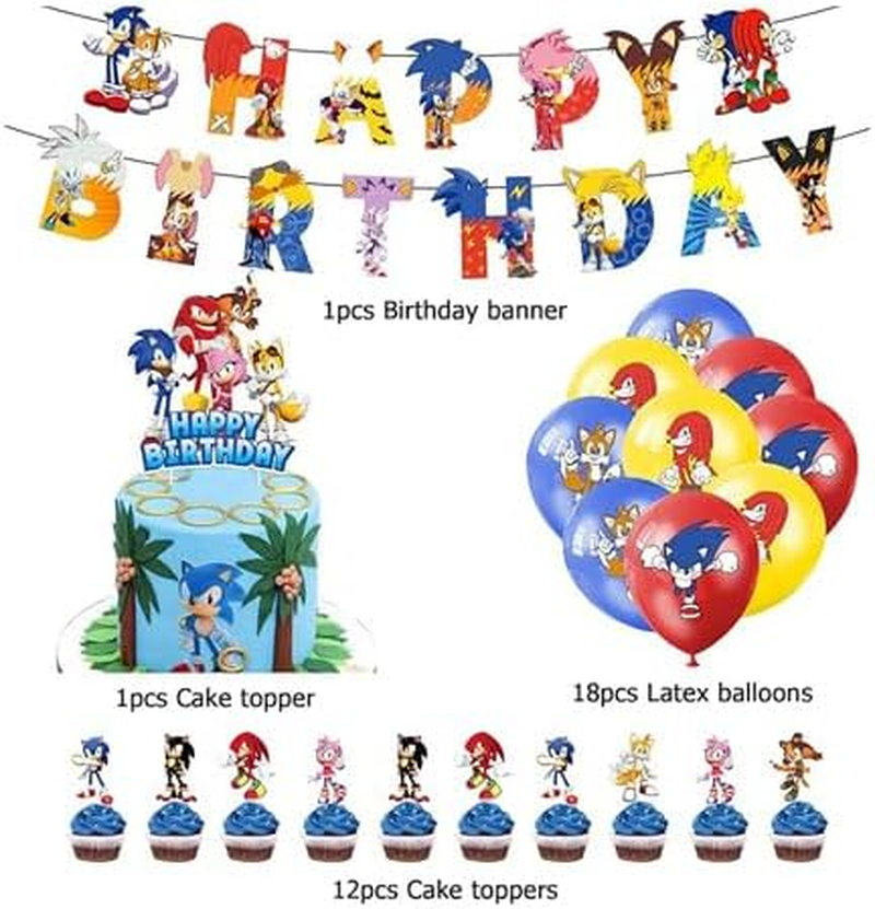 Sonic Hedgehog Birthday Decoration Set - Party Supplies with Balloons, Cake Topper, and Banner image number 1