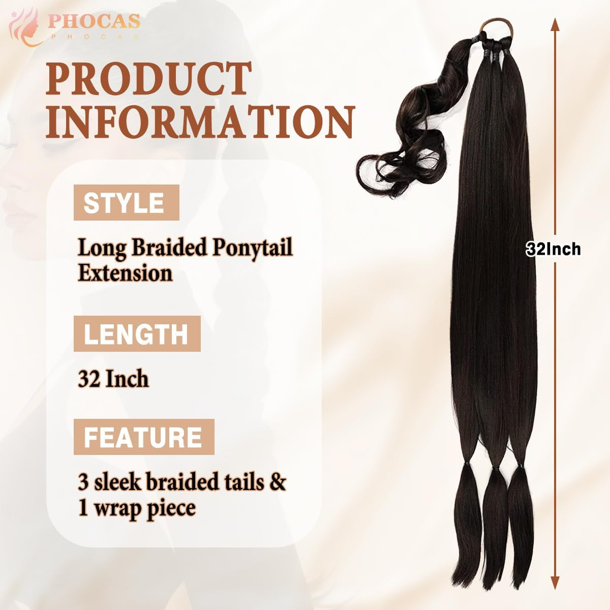 PHOCAS Long Braided Ponytail Extension with Hair Tie 32'' DIY Synthetic Ponytail Hair Extensions Ponytail Hair Pieces for Women Daily Wear(Black) - A-Black image number 6