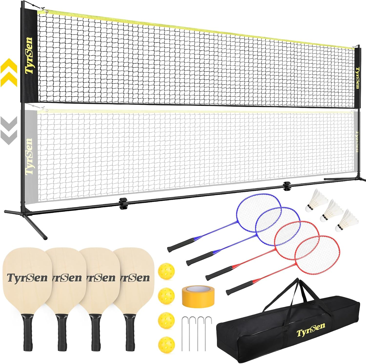 TYRSEN Portable Pickleball Badminton Net Set, 17FT Adjustable Heights All-In-One Net W/4 Pickleball Paddles 4 Badminton Rackets, Freestanding Pickleball Badminton Net for Backyard Driveway image number 1