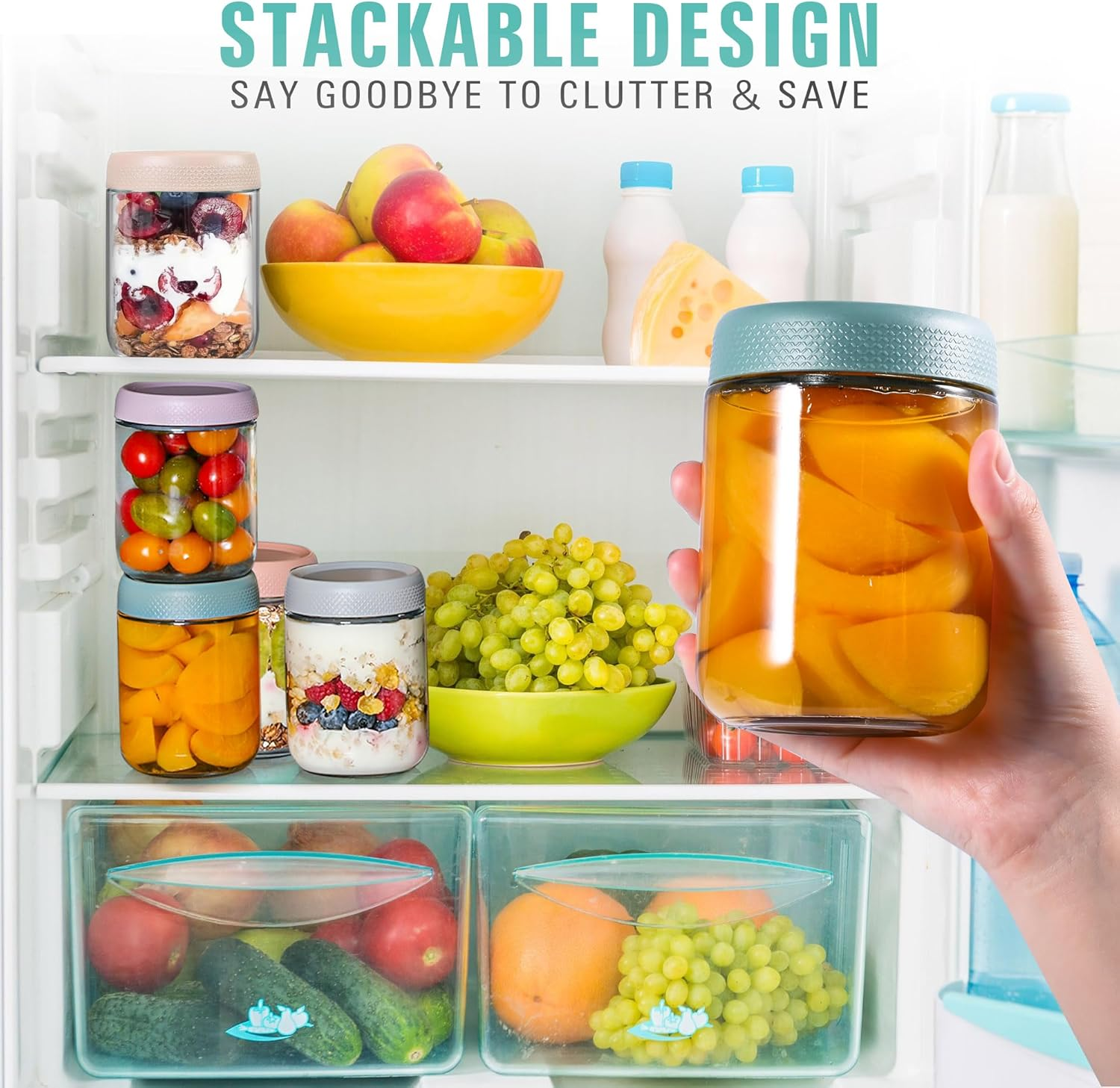 6 Pack Overnight Oats Jars with Airtight Lids, 16Oz(480Ml) Wide Mouth Mason Jars, Leak Proof Clear Glass with Lid, Glass Container Food Storage for Fruit Salad Cereal Snacks Spice