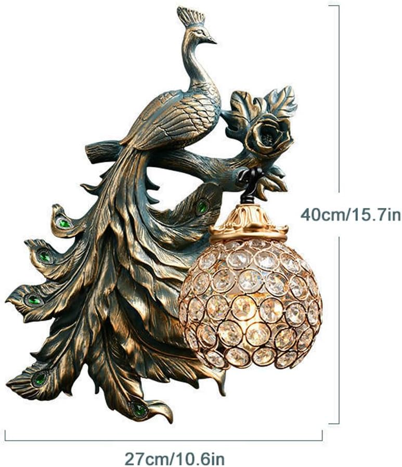 Peacock Wall Sconce Resin Wall Mount Light Crystal Globe Wall Lamp Fixture, Vintage Peacock Sconces Wall Lighting Fixture European Style Wall Lamps for Farmhouse Restaurant XXZ image number 5