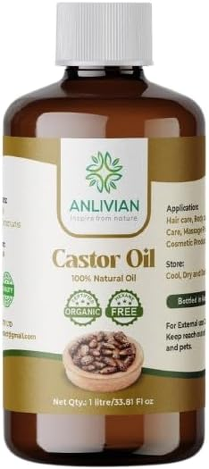 Anlivian Castor Oil 100% Pure | Organic Hexane-Free |1 Litre | Glass Bottle | Hair Growth, Eyebrows, Eyelashes & Skin Care | Moisturizer for Dry Skin | Natural & Cold-Pressed image number 2