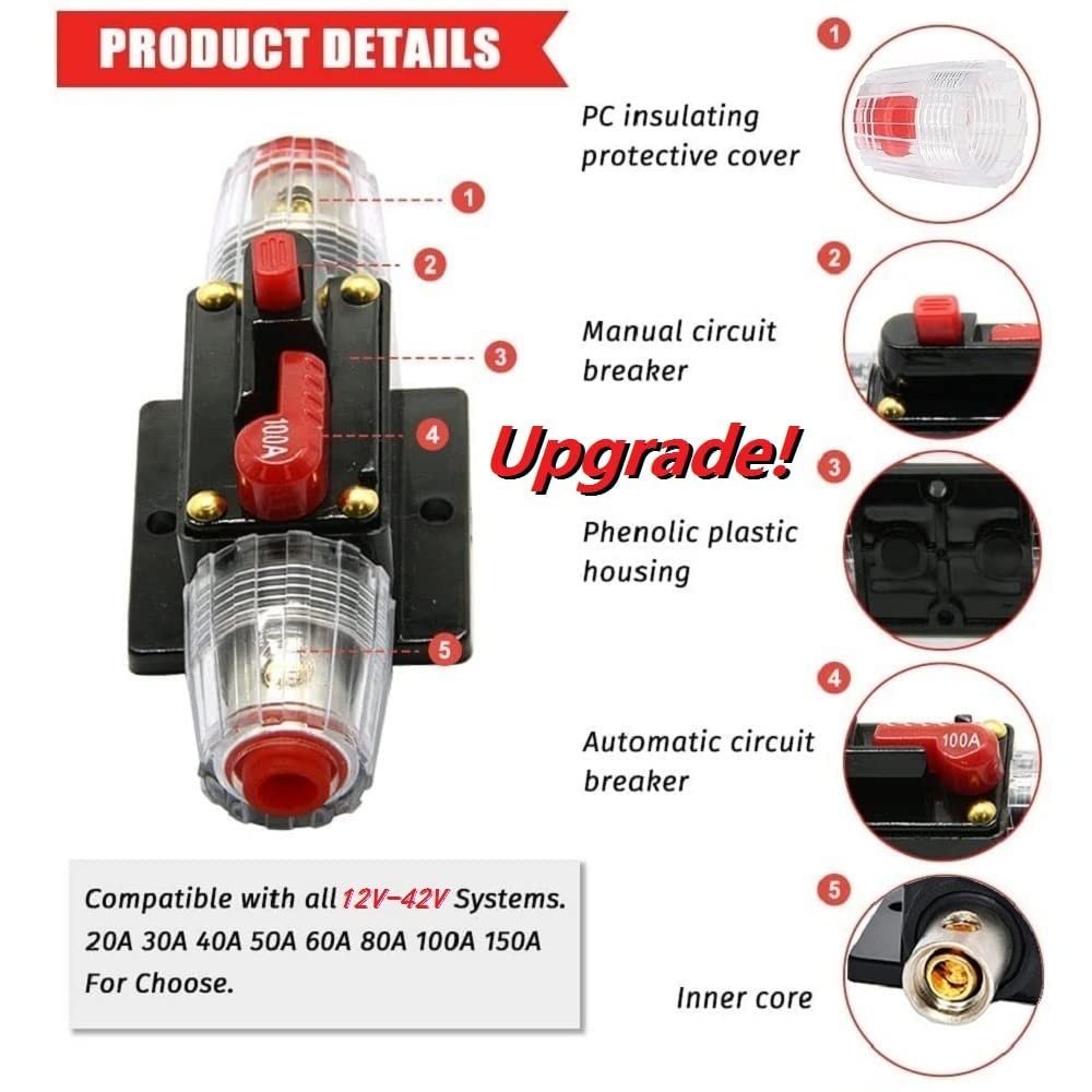 20A 30A 40A 50A 60A 80A 100A 150A Audio Circuit Breaker Auto Car Stereo Inline Fuse Holders Inverter, Manual Reset 12V-24V DC for Automotive Marine Boat Audio System Protection (Small-100A) image number 4