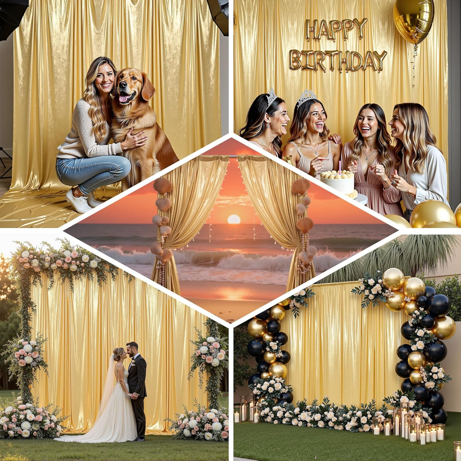 Partyvillage 10X10Ft Gold Sequin Backdrop Curtain -2 Panels 5X10Ft Wrinkle Free Shimmer Back Drop Cloth, Glitter Backdrop Drapes for Photography, Birthday, Wedding, Graduation Background image number 2