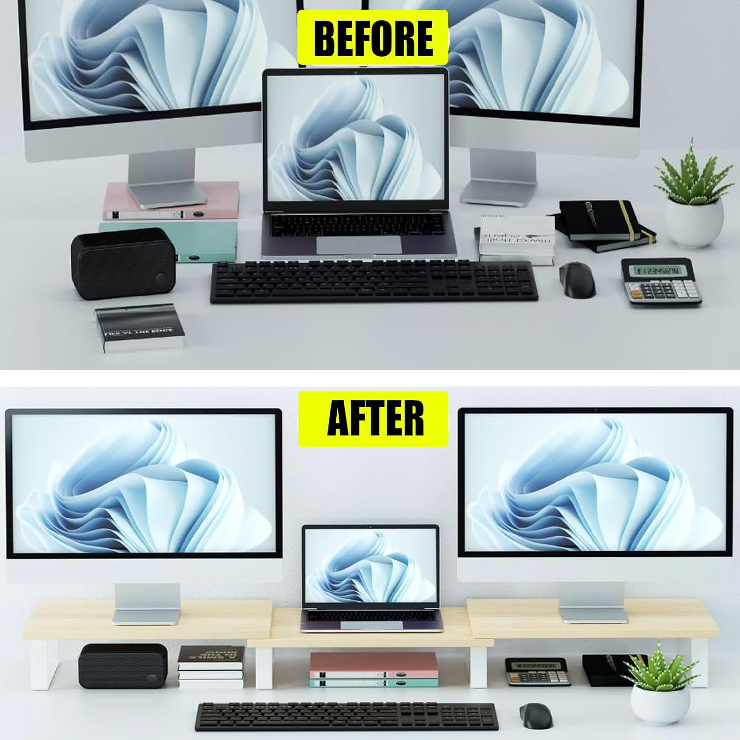 MOCICIGO Dual Monitor Stand Riser 3 Shelf Screen Stand with Adjustable Length and Angle,Monitor Stand, 2 Extra for PC, Computer, Laptop (OAK) image number 6