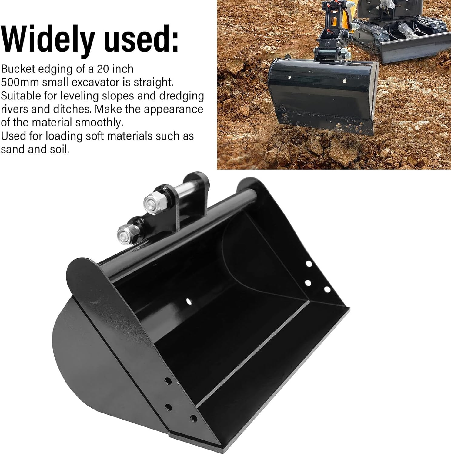 Focket Mini Excavator Bucket, 20In Digger with 0.98In Hole Diameter 3.46In Center Wheelbase, Manganese Steel Small Digger Bucket for Mini Excavator image number 1