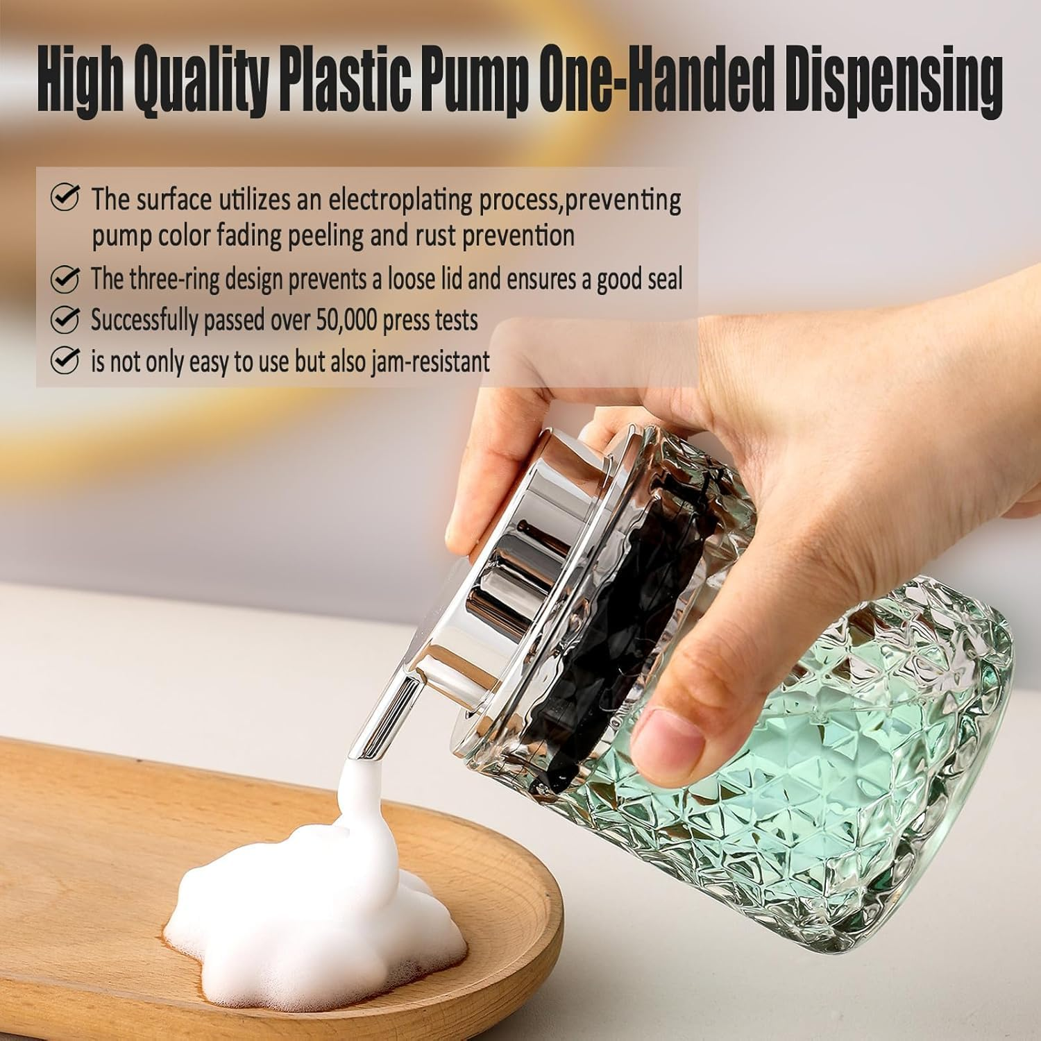 Elegant Diamond Glass Foaming Soap Dispenser,One-Touch Lather, Effortless Clean,Bathroom & Kitchen Refillable Clear Glass Liquid Soap Dispenser image number 4