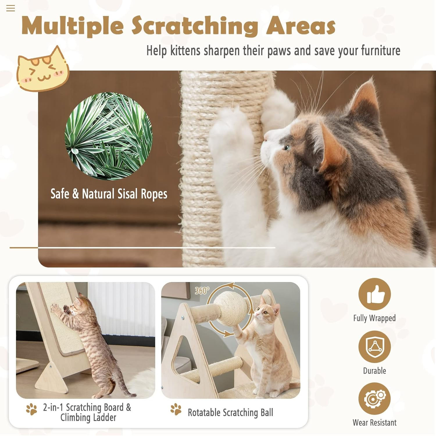 Costway Multi-Level Wood Cat Tree, Cat Tower with Sisal Scratching Post, Ball & Board, Plush Condo, Platforms, Padded Perch, Cozy Hammock, Kitten Condo Furniture for Rest & Fun, Beige image number 1
