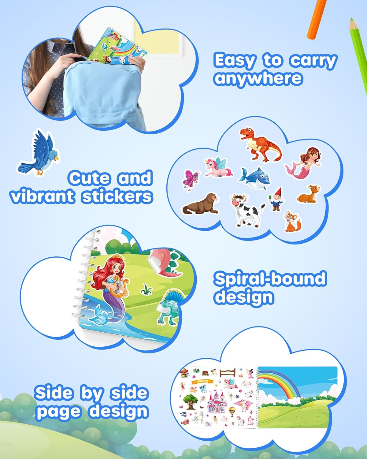 D-Fantix Animal Sticker Book for Kids, Dinosaur Unicorn Mermaid Farm 12 Unique Scenes and 500+ Stickers, Toddler Airplane Travel Road Trip Essentials Activity Book, Arts & Crafts Ages 3-8