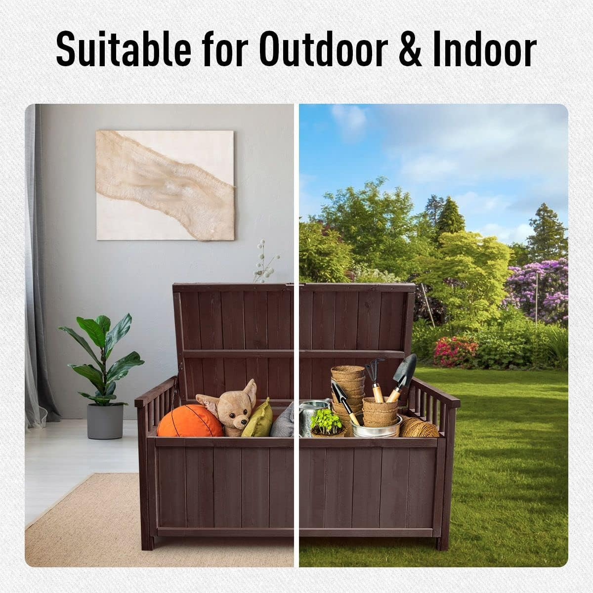 AUSWAY Outdoor Storage Box Wooden Garden Bench Toy Tool Cabinet Patio Bin Deck outside Container image number 5