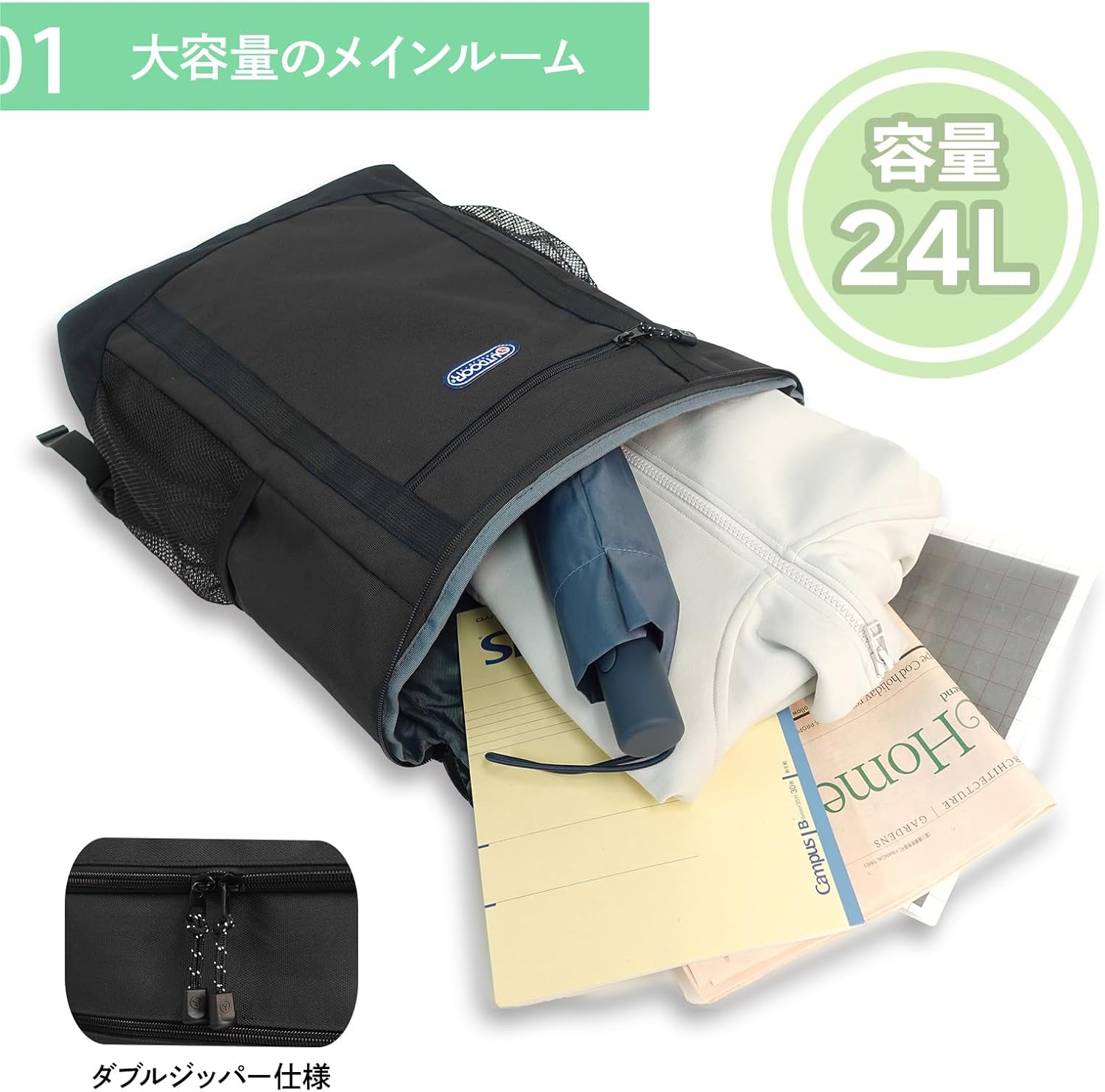 Outdoor Products Square Backpack, Box Type, Large Capacity, A4 Storage, PC Storage, Many Pockets, Commuting to Work - Green image number 3