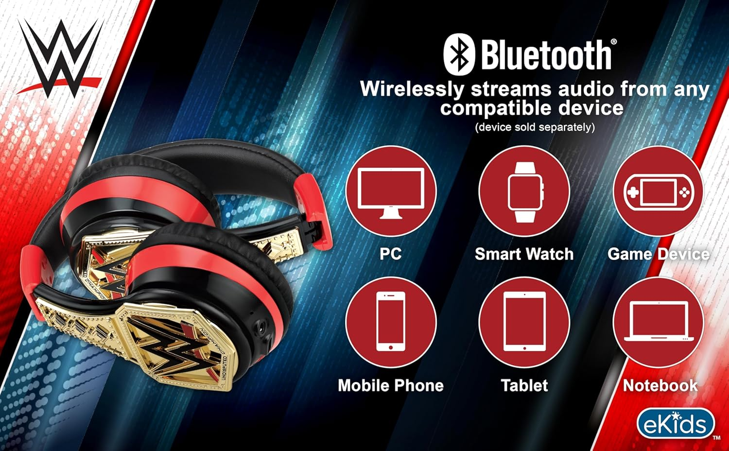 Ekids WWE Bluetooth Headphones, Wireless Headphones with Microphone Includes Aux Cord, Kids Earphones for School, Home, or Travel