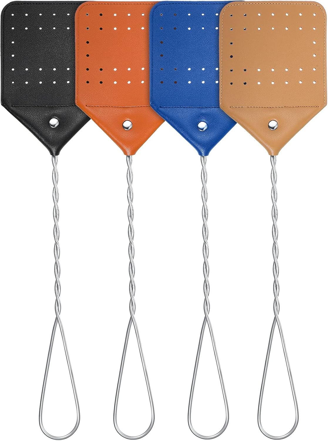 Zopeal 4 Pcs Sturdy Leather Fly Swatter 17 Inch Long Handle Manual Swat Heavy Duty Metal Handle Flyswatter Rustic Fly Swatter for Indoor Outdoor(Royal Blue, Black, Khaki, Dark Brown)