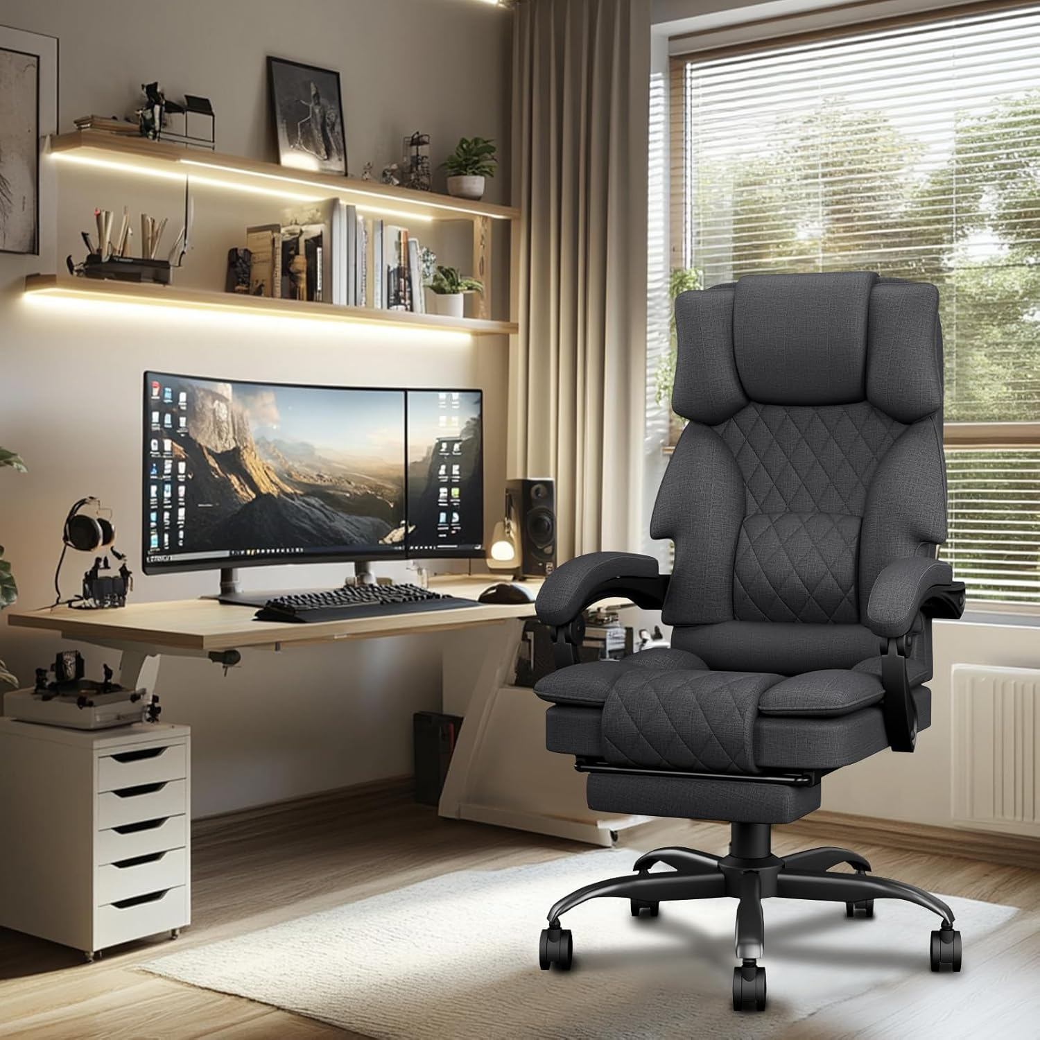 Ergonomic Office Chair, Big and Tall Computer Chair for Adults with Footrest, Fabric Desk Chair with Lumbar Support & Luxury Executive Recliner, High Back, 350LBS, Dark Grey