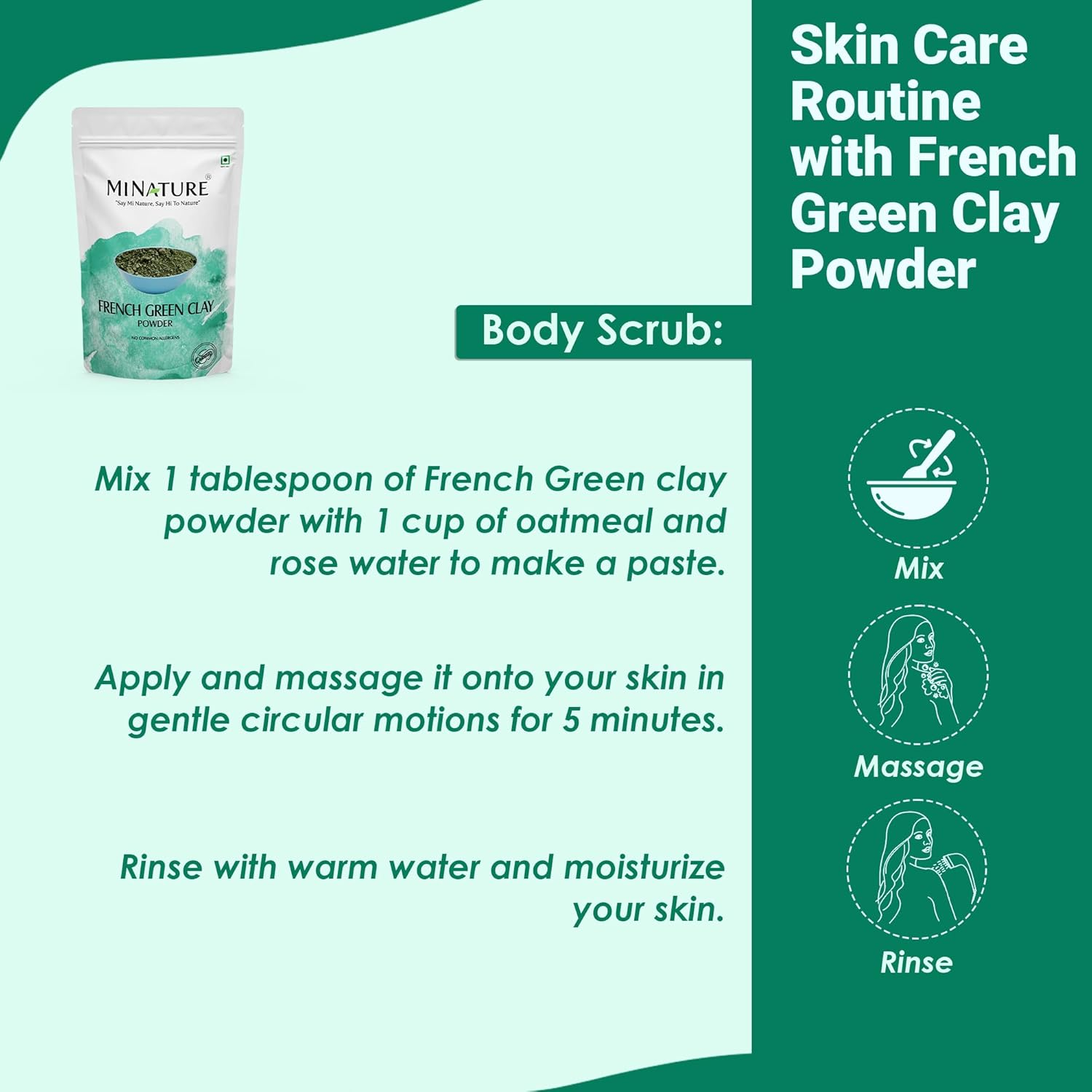 French Green Clay Powder (Montmorillonite) by Mi Nature | for Skincare Face Masks, Face Scrubs, Body Cleansers| Pure & Natural Mask Powder for All Skin Types & Unisex Use| 100G(3.5Oz) image number 1