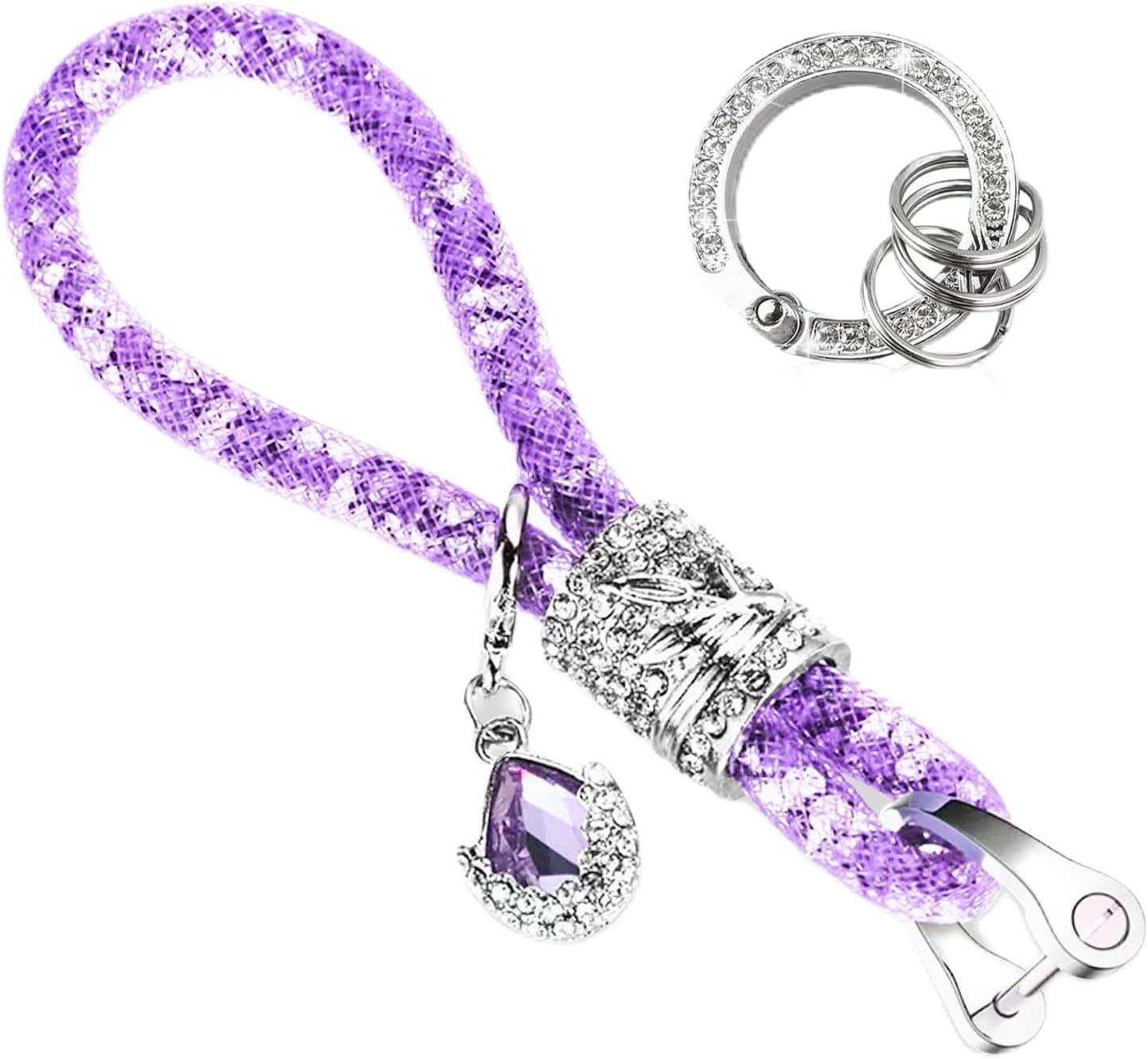 Bling Car Keychain, Glitter Crystal Keychain Ring Strap with D-Ring, Vehicle Key Decor Accessories for Women and Girls (Purple) image number 1