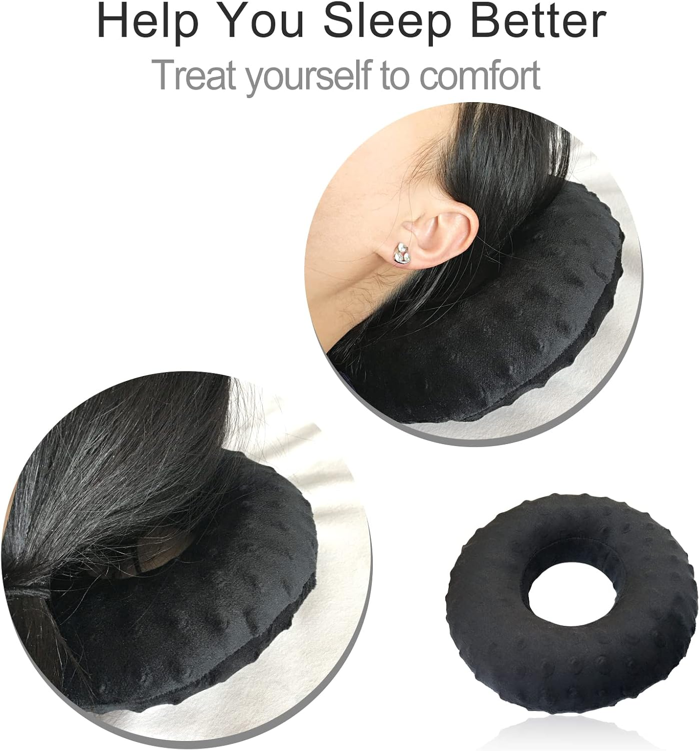 Piercing Pillow Ear Pillows Donut with Hole for Ear Pain CNH, Pain Relief Sleeping, Pressure Sore, Side Sleepers, Headphones Minky Dot Black image number 2