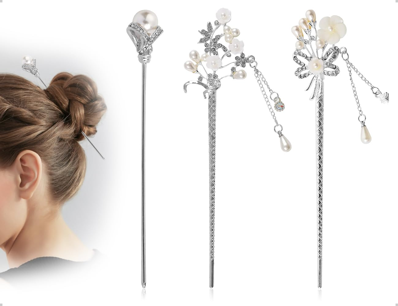Emezddo Pack of 3 Pearl Hair Sticks, Chinese Hairpin, Vintage Tassel Hairpin, Flower Hair Accessories, Used for Girls Women, for Retro Parties, Traditional Chinese Festivals image number 5