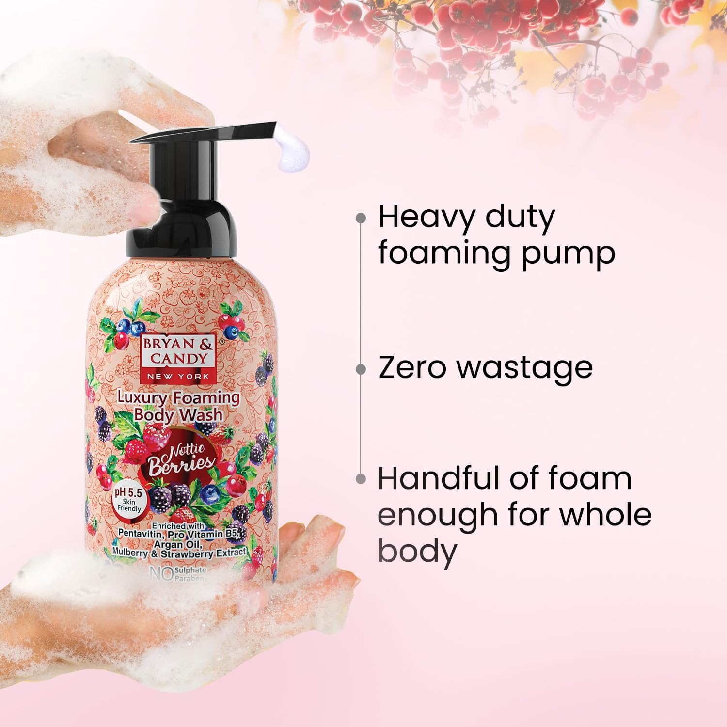 Bryan & Candy Nottie Berries Luxury Foaming Body Wash with Pentavitin, Pro Vit B5, Argan Oil, Mulberry & Strawberry Extract, Skin Friendly Ph 5.5, All Skin Types, 400 Ml