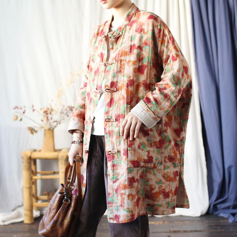 Stand Collar Women'S Spring Chinese Vintage Jacket Loose Fit Long Sleeve Top Frog Buttons image number 6